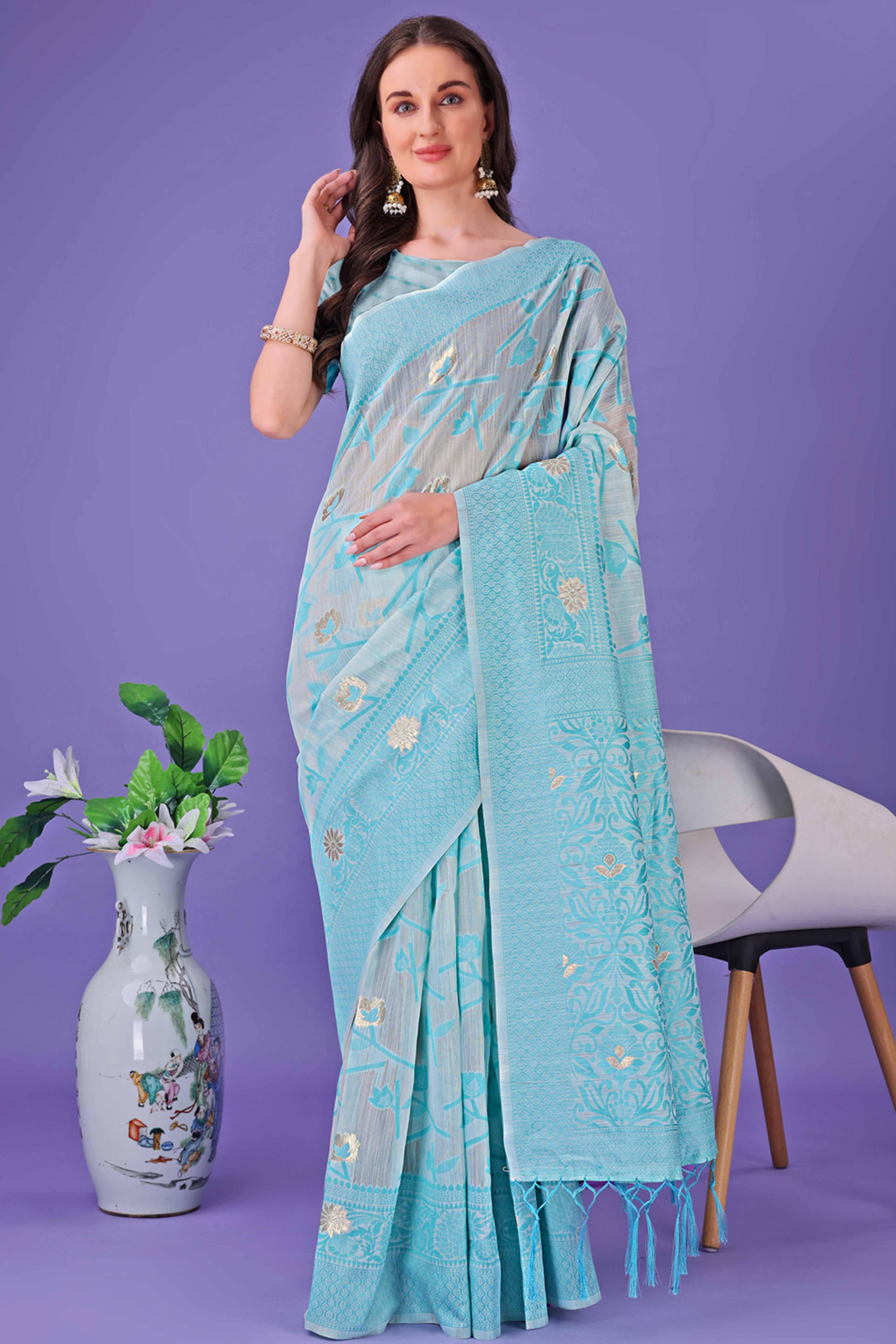 Sky Blue Floral Pattern Woven Saree in a Soft Cotton Blend with Tasseled Edges