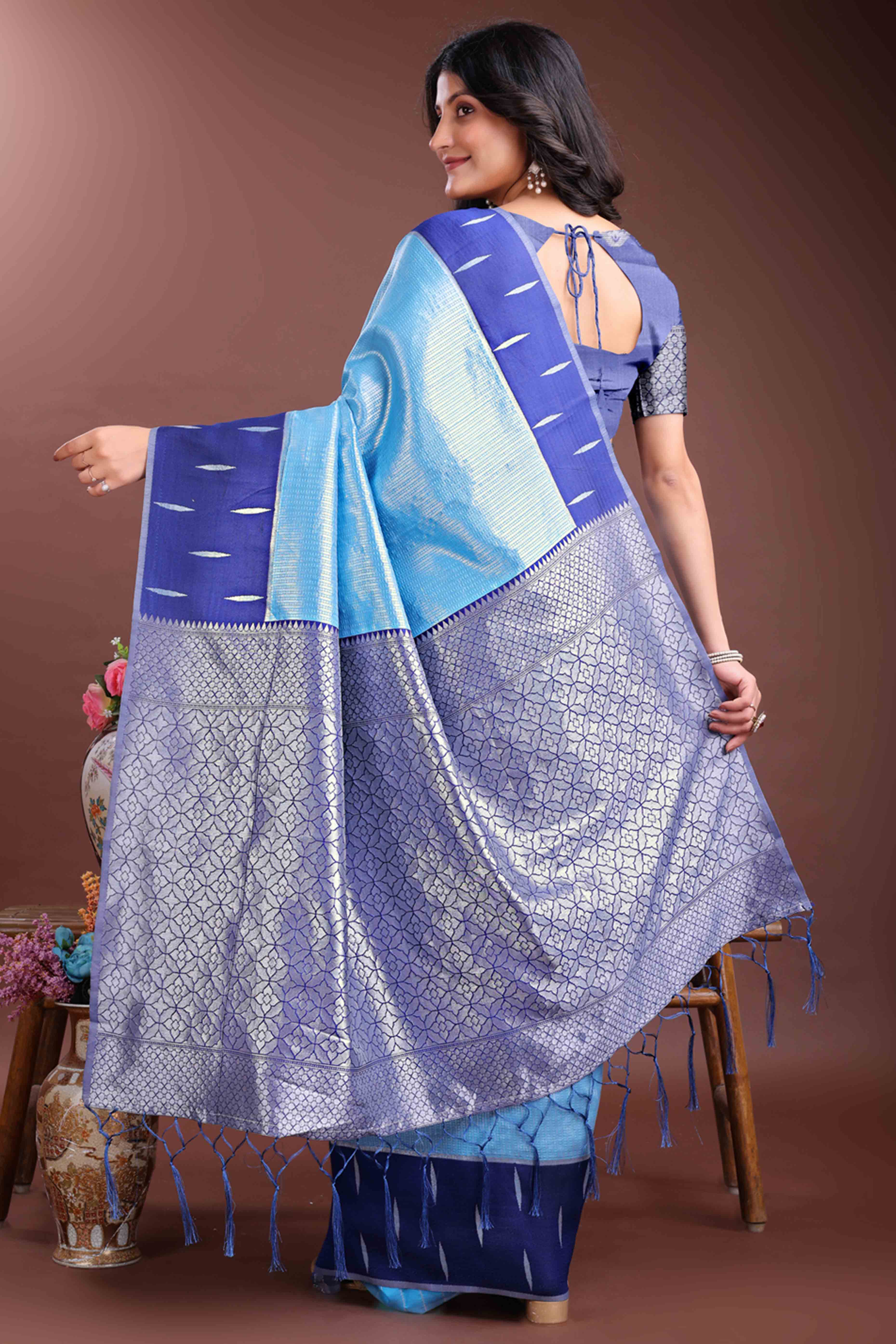 Serene Sky Blue Zari Weaving Silk Blend Saree of Pure Charm
