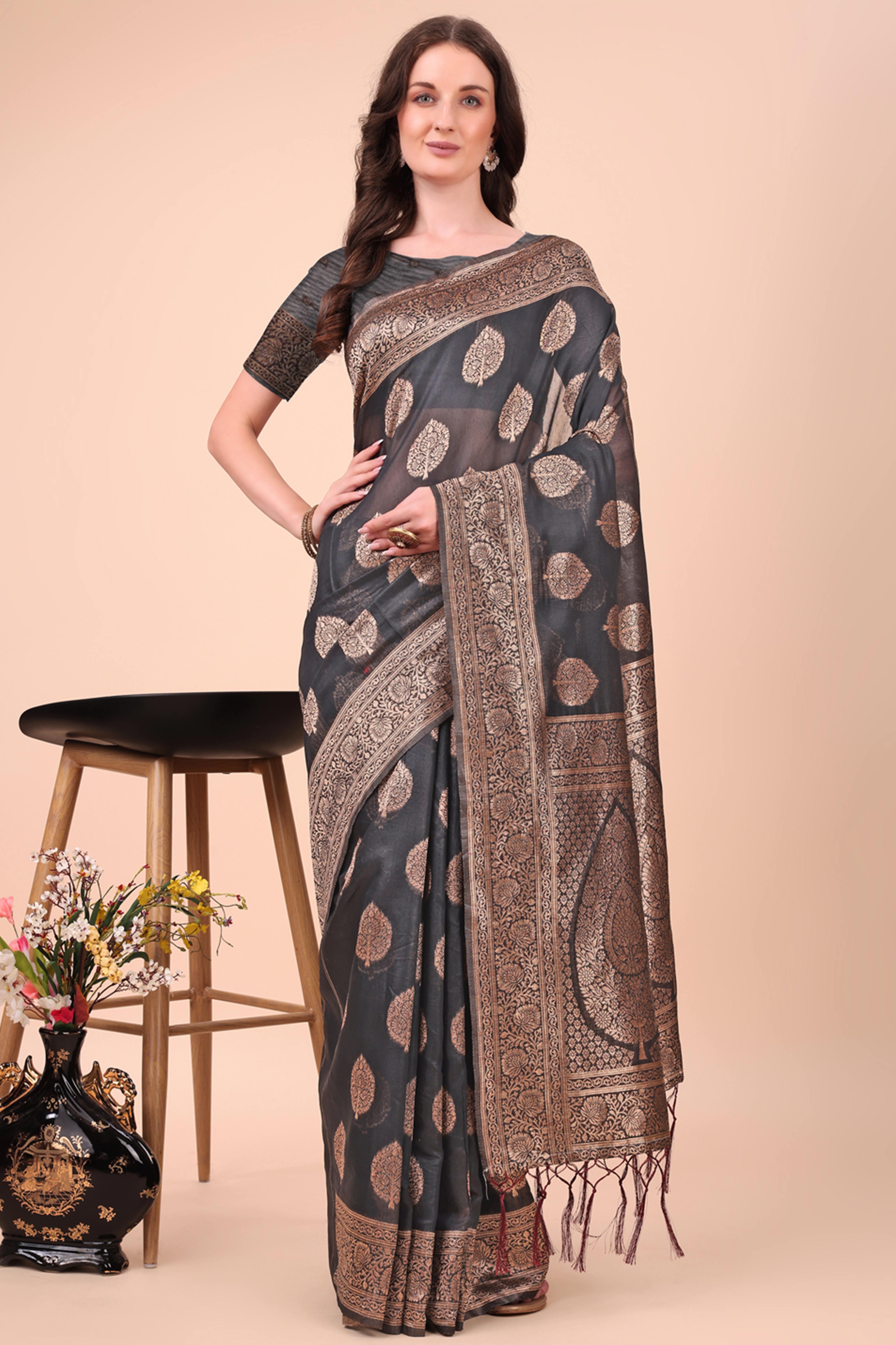Black Cotton Blend Saree With Intricate Floral Zari Weaving & Elegant Tassel Accents