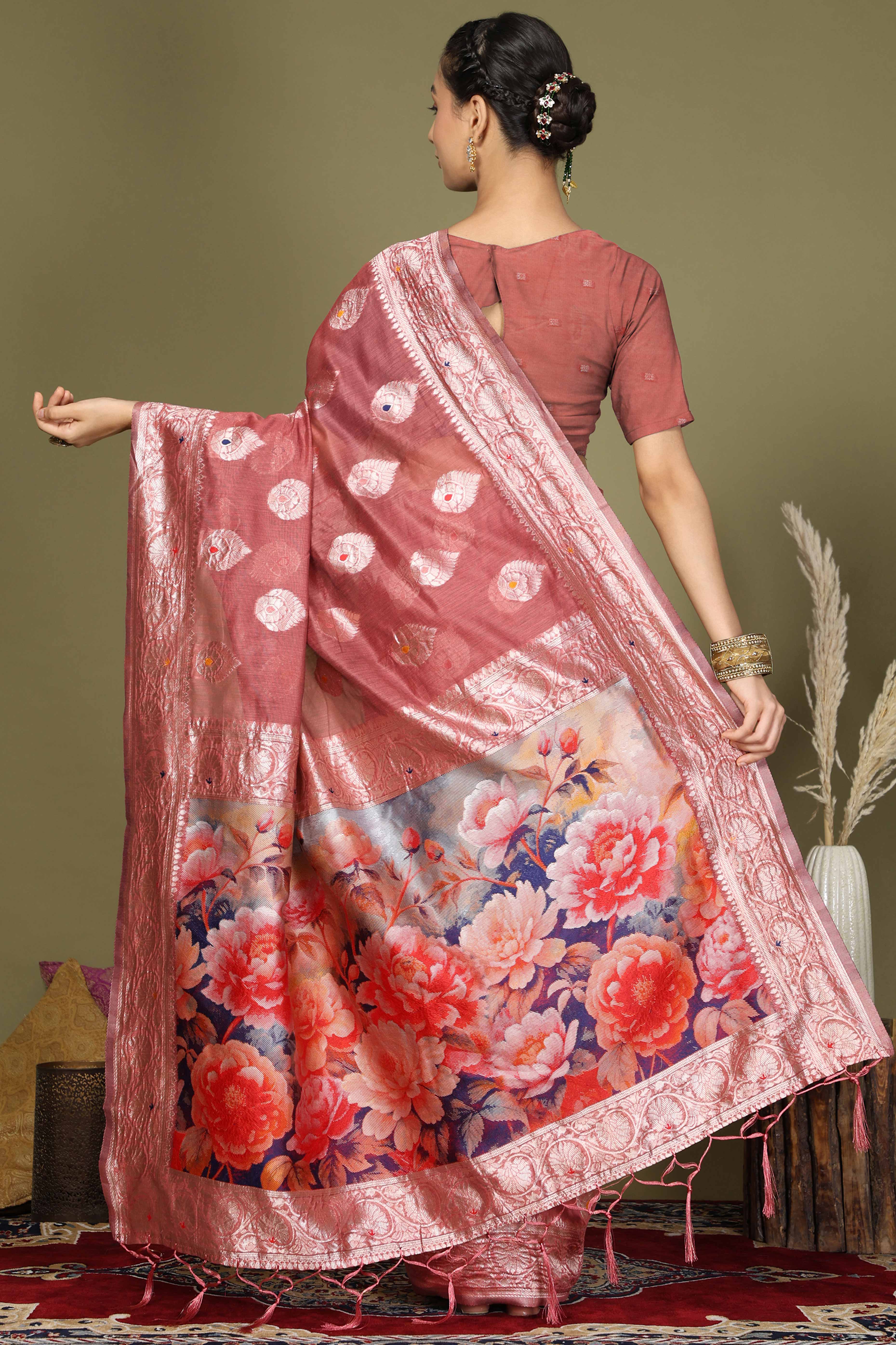 Rust Saree In Linen Cotton Featuring Floral Zari Weaving & Digital Printed Pallu