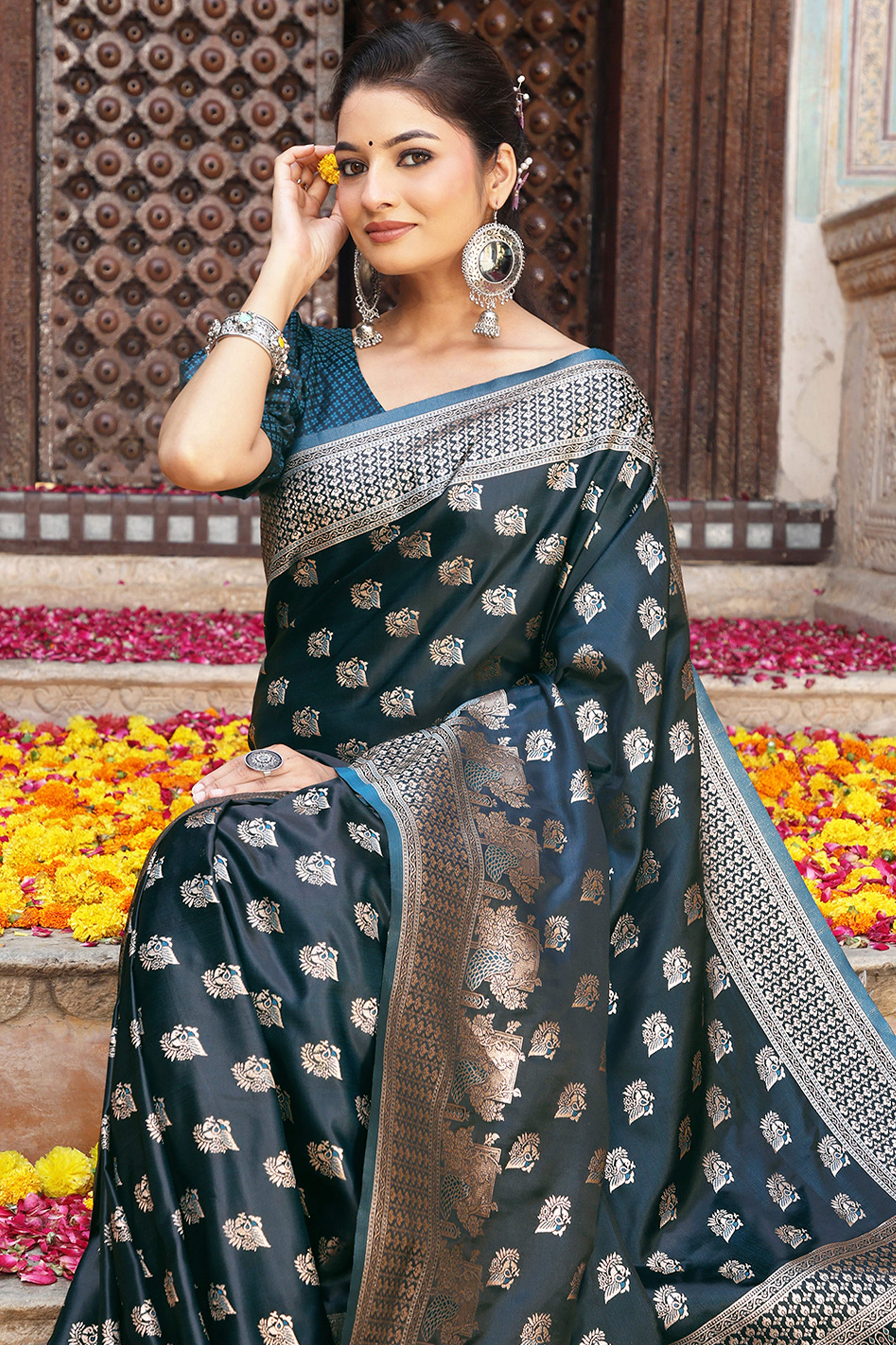 Designer Morpich Blue Saree Showcasing Peacock & Floral Zari Weaving With Handmade Tassel Pallu