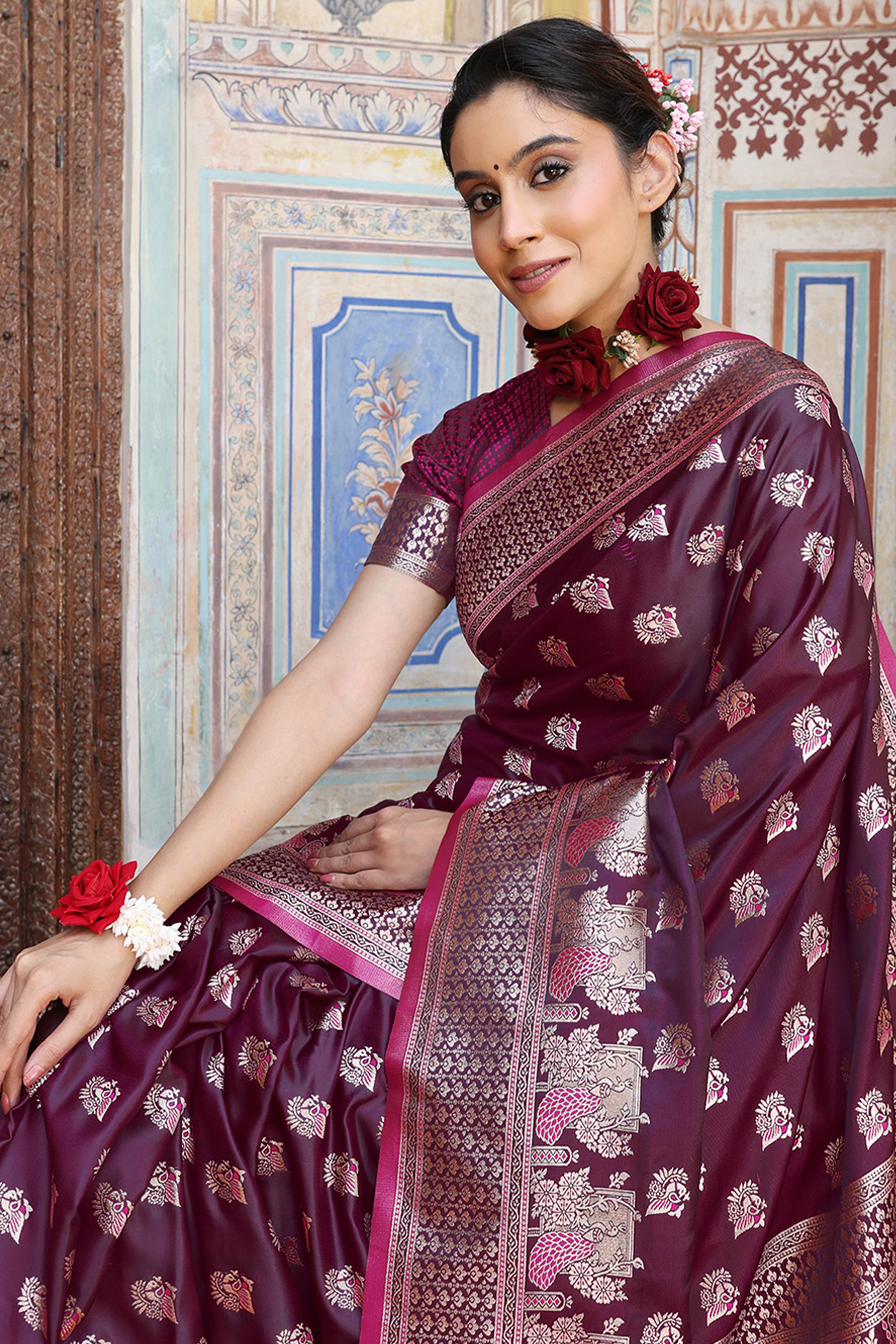 Designer Purple Saree Showcasing Peacock & Floral Zari Weaving With Handmade Tassel Pallu