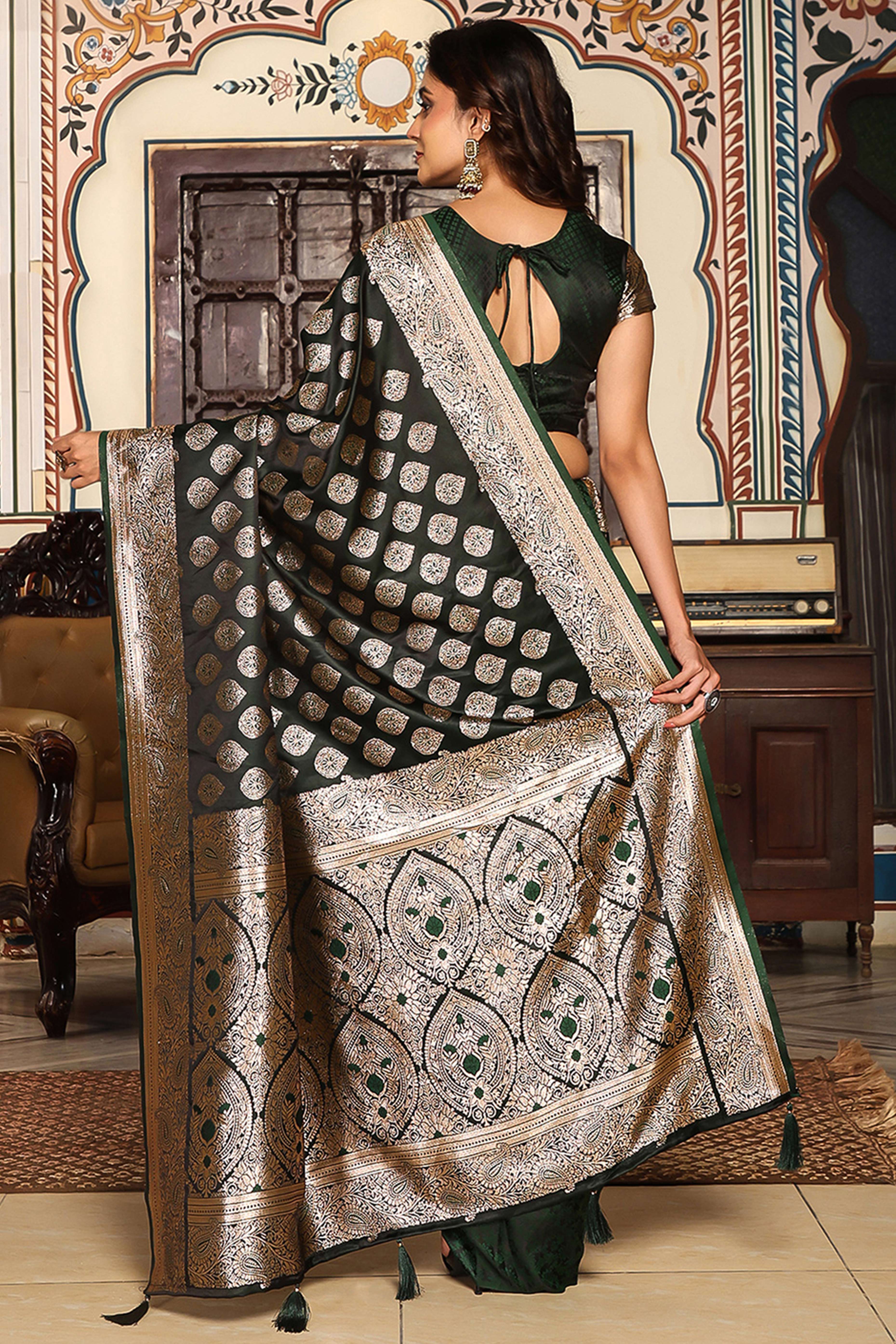 Festive Dark Green Saree in Silk Blend with Exquisite Zari Weaving Work