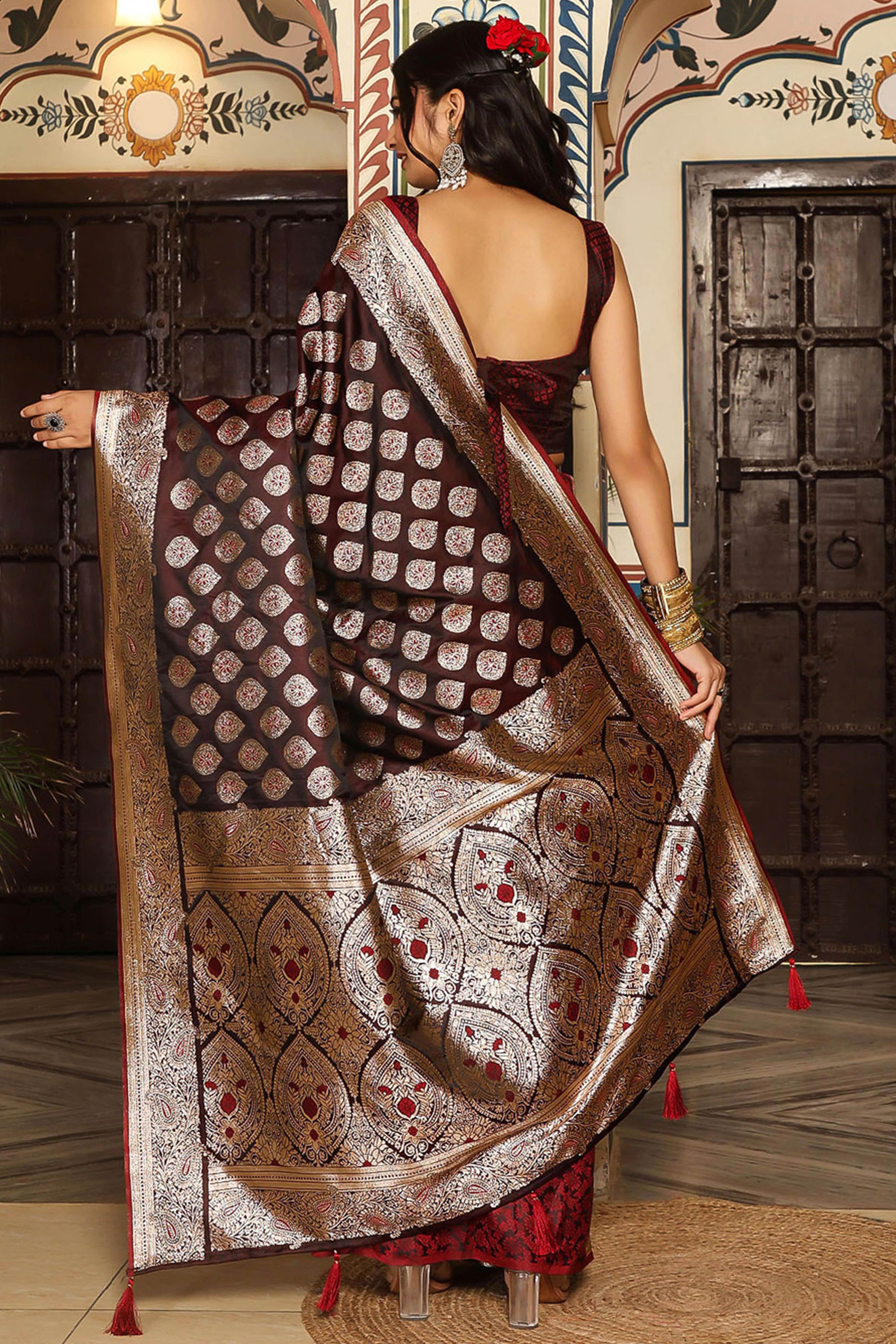 Festive Wine Saree in Silk Blend with Exquisite Zari Weaving Work