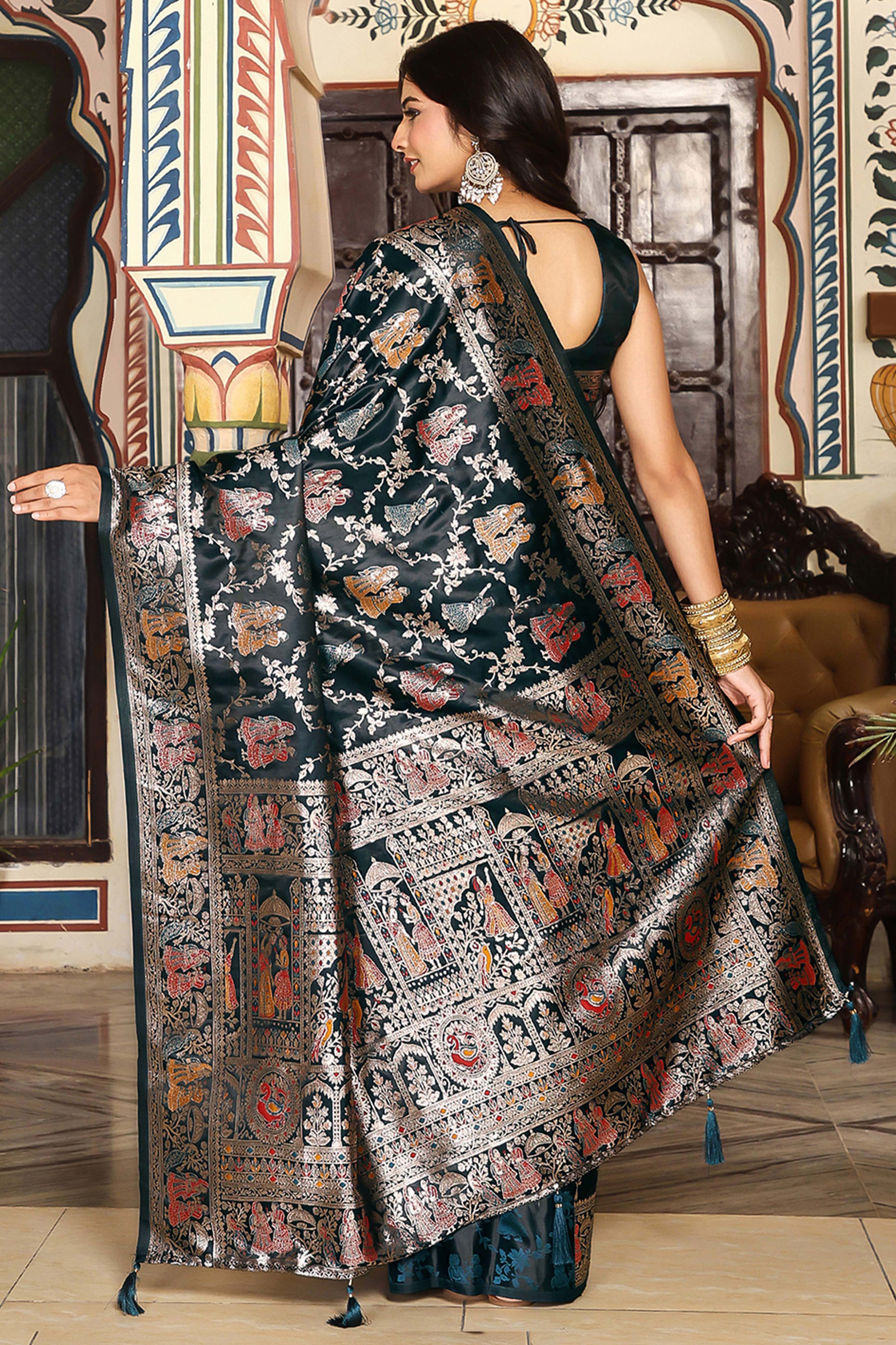 Luxurious Dark Teal Silk Blend Saree With Intricate Floral Zari Weaving & Tassel Pallu