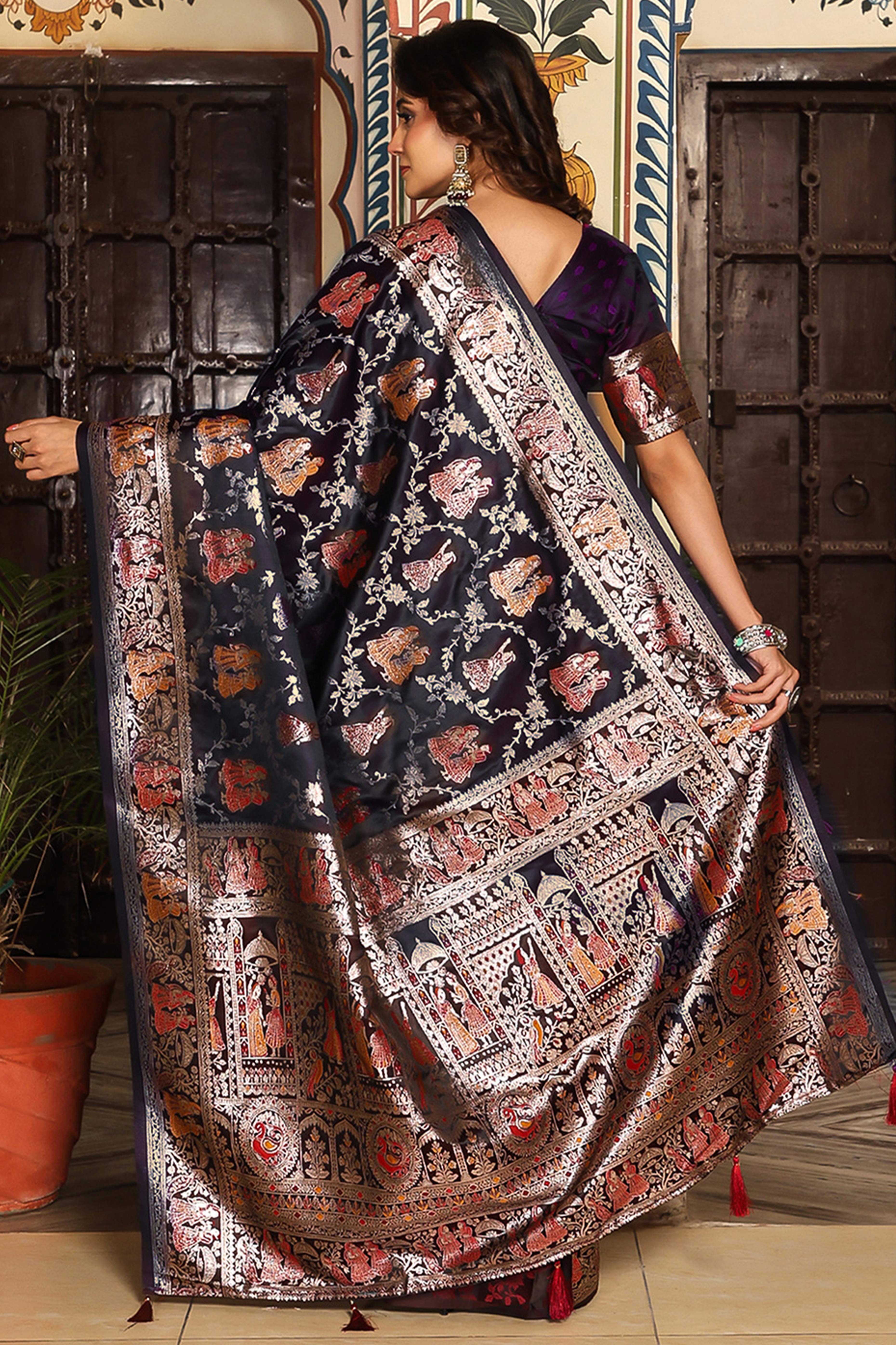 Luxurious Dark Purple Silk Blend Saree With Intricate Floral Zari Weaving & Tassel Pallu