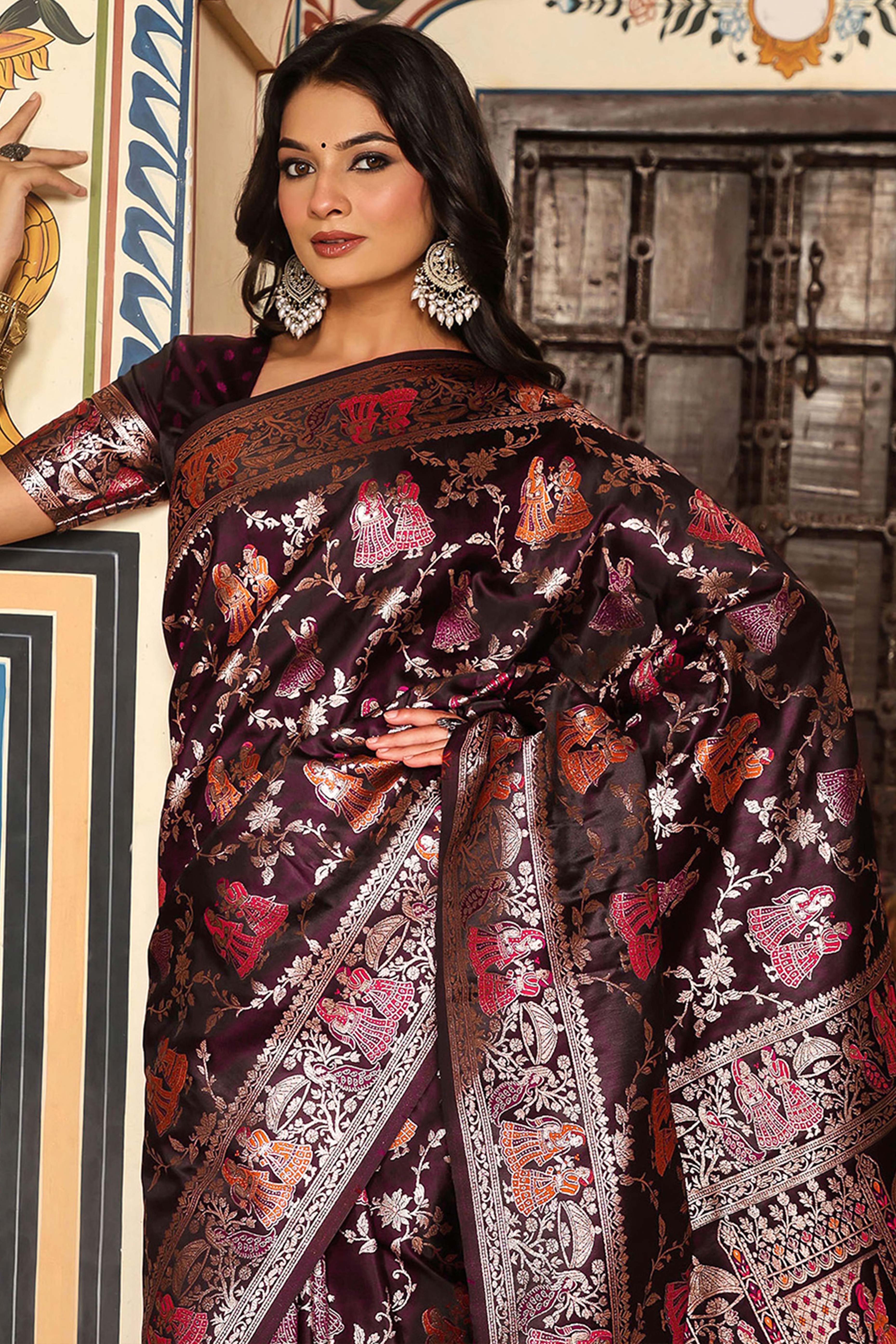 Luxurious Wine Silk Blend Saree With Intricate Floral Zari Weaving & Tassel Pallu