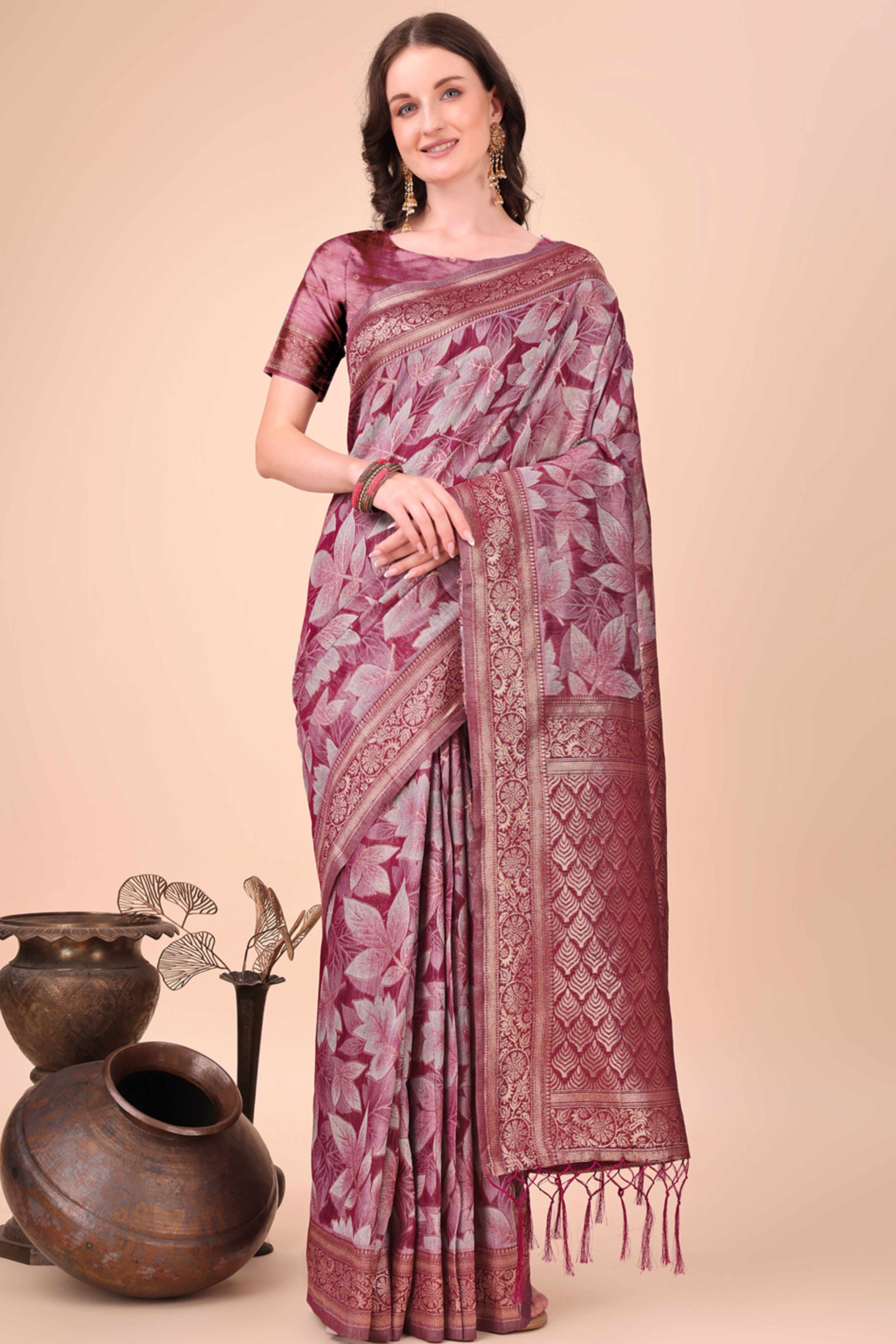 Wine Floral Zari Woven Cotton Blend Saree With Soft Tassel Edging