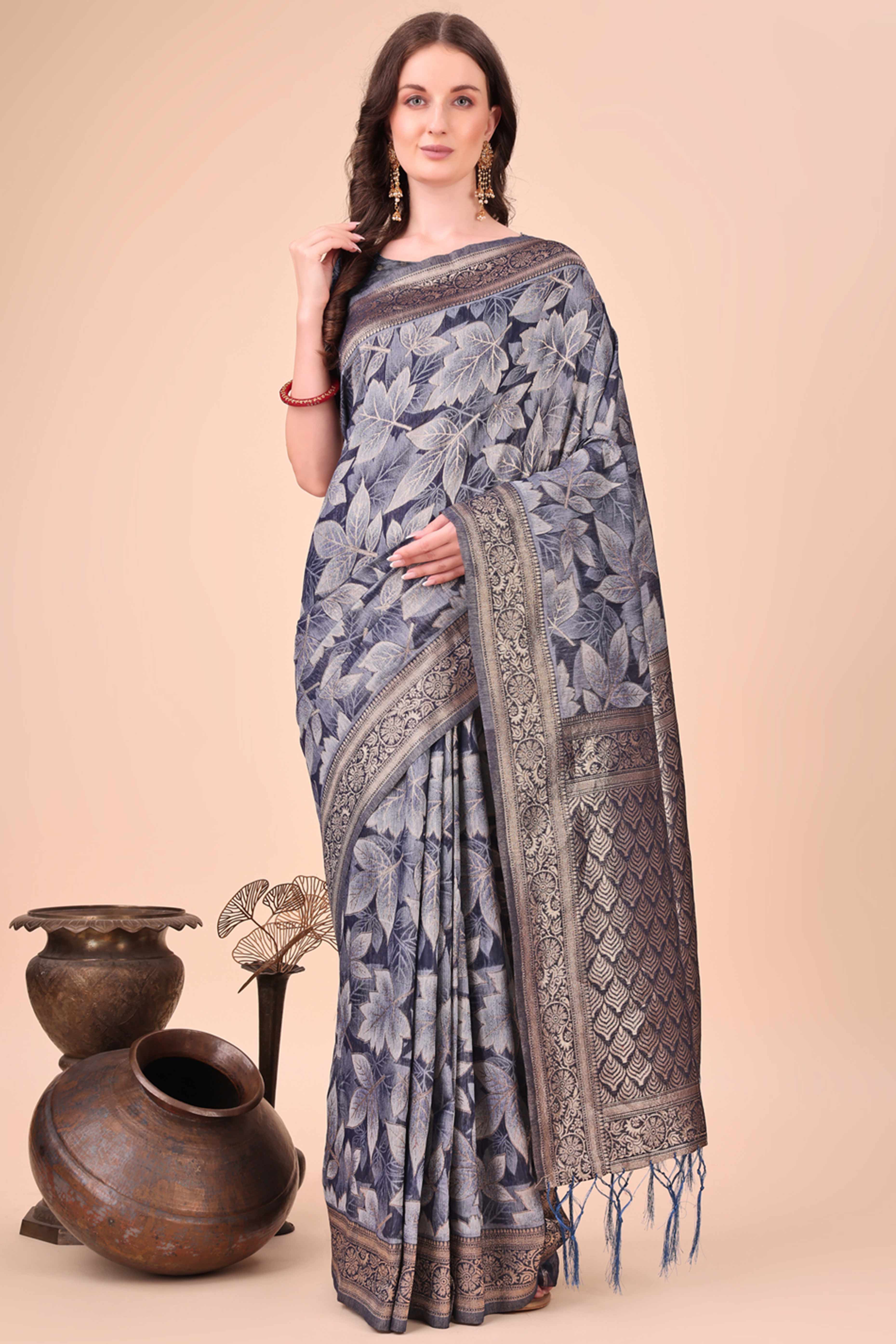 Navy Blue Floral Zari Woven Cotton Blend Saree With Soft Tassel Edging