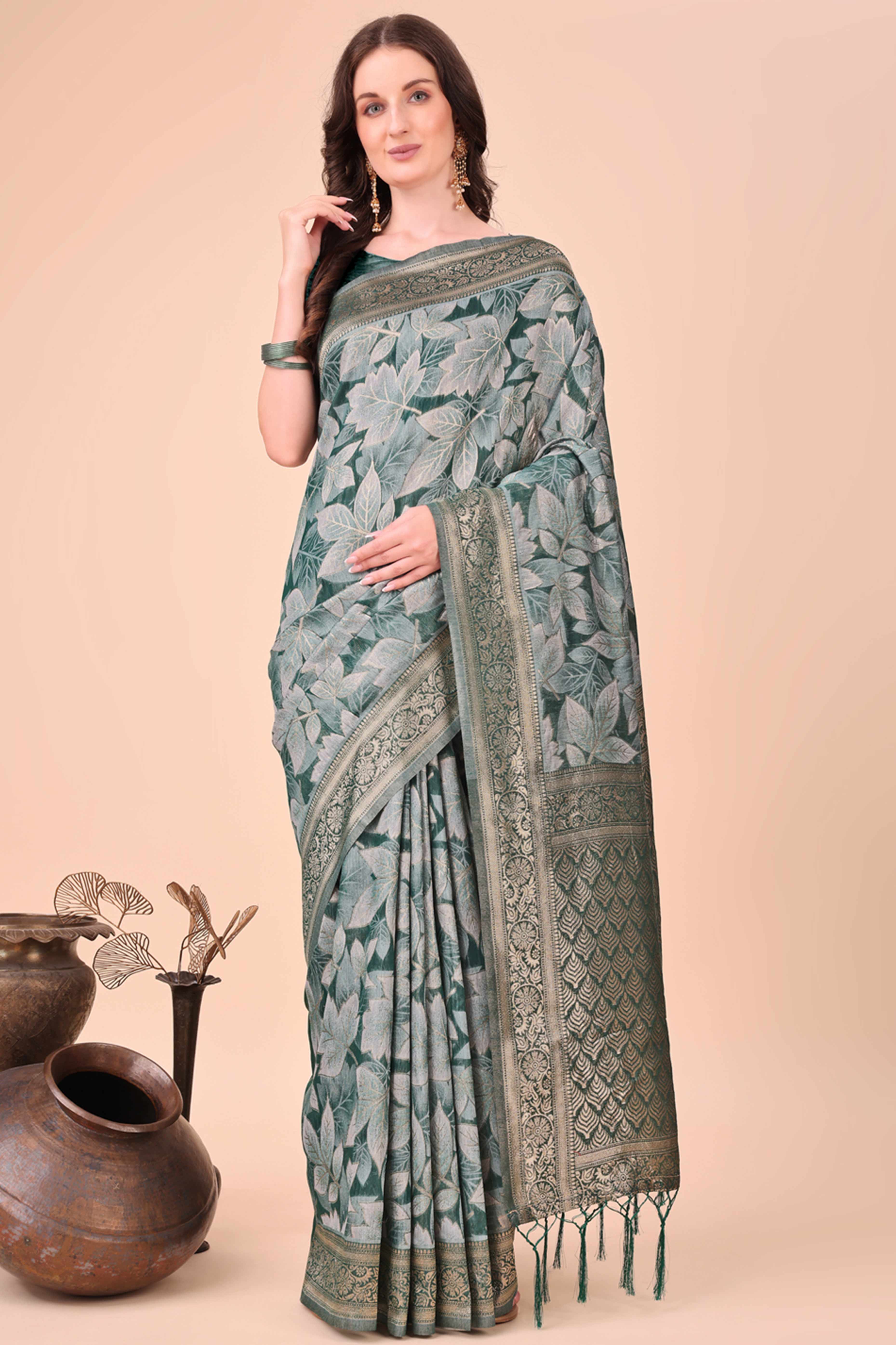 Green Floral Zari Woven Cotton Blend Saree With Soft Tassel Edging