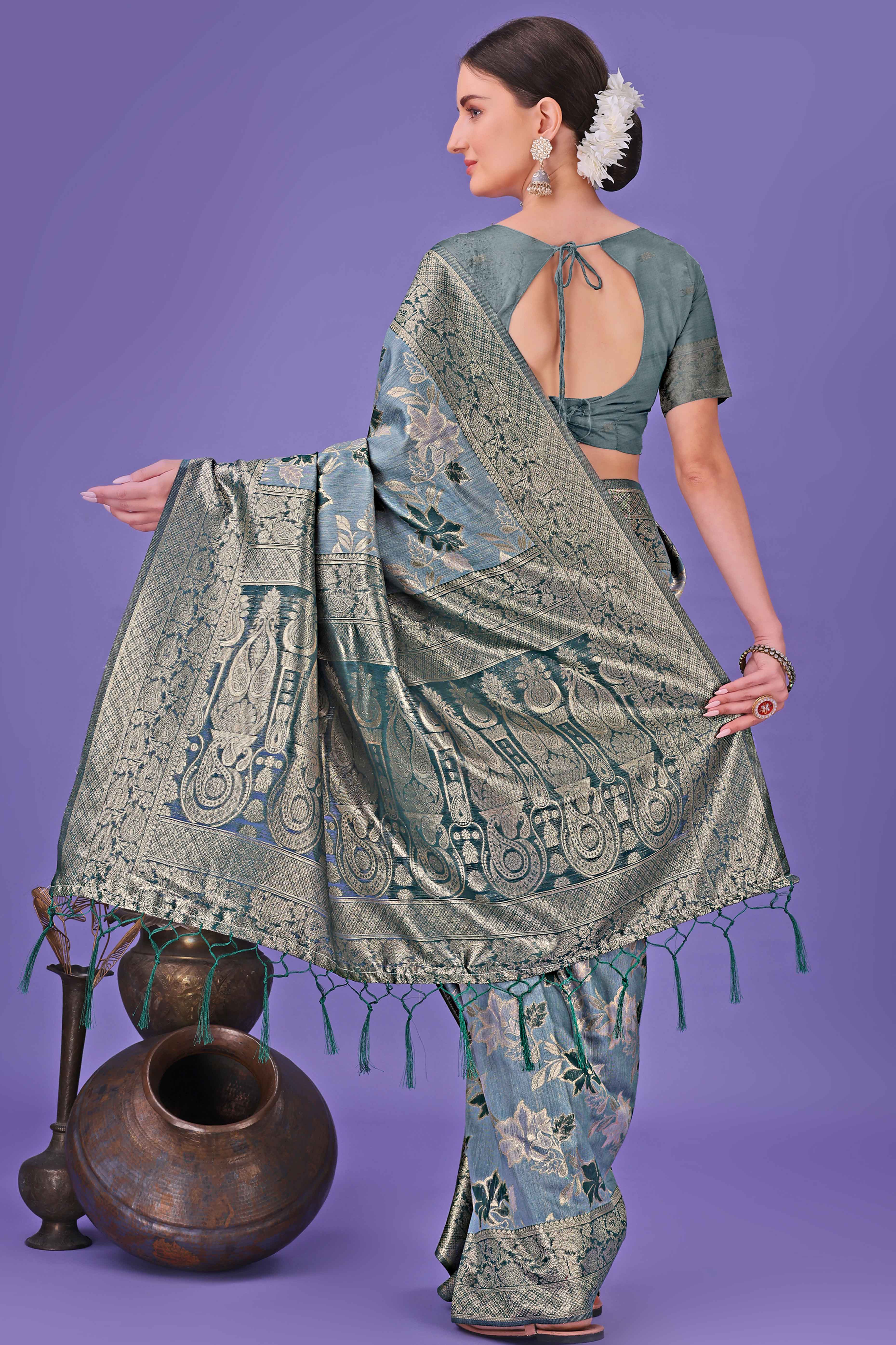 Teal Floral Zari Woven Saree in a Lustrous Cotton Silk Blend