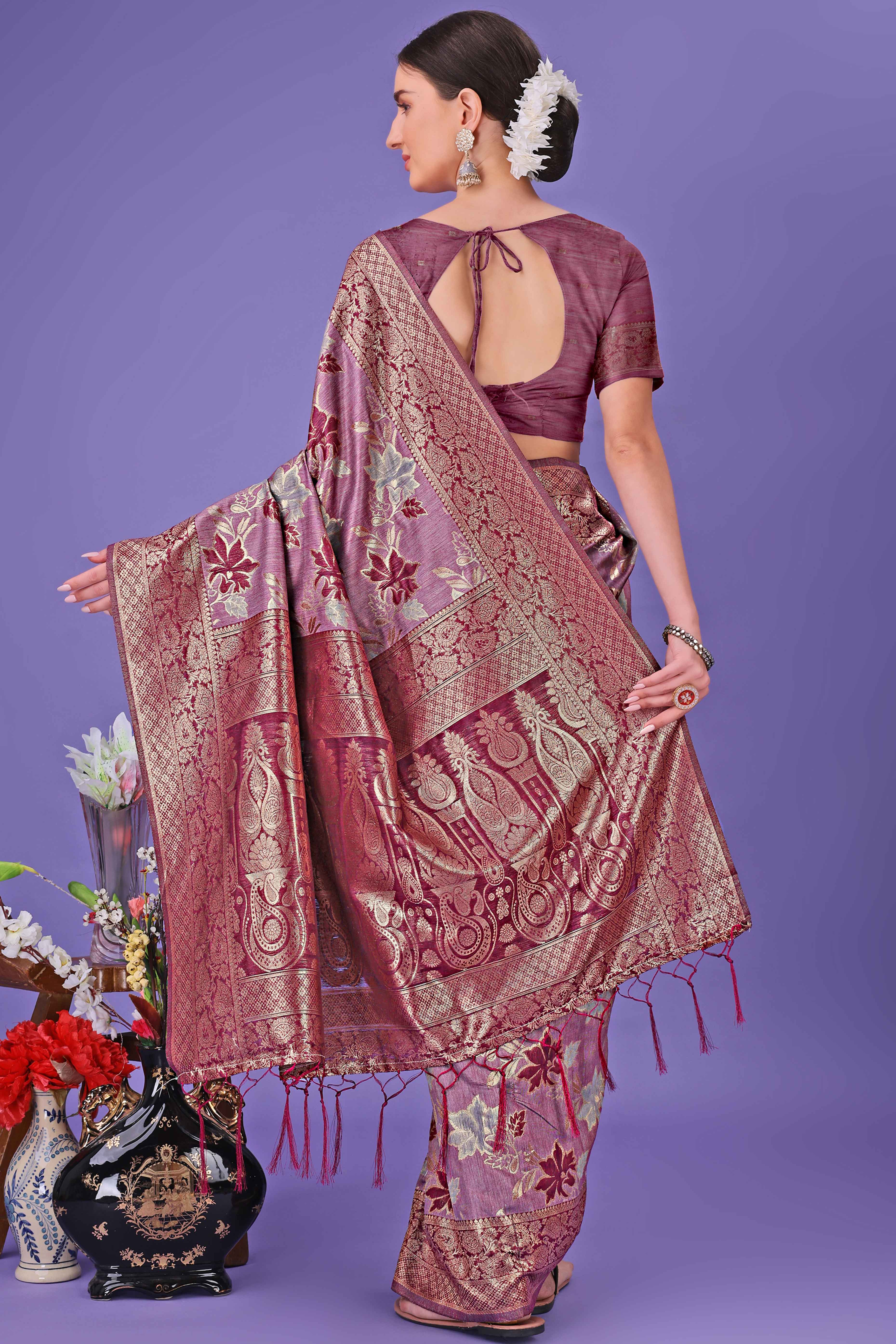 Purple Floral Zari Woven Saree in a Lustrous Cotton Silk Blend