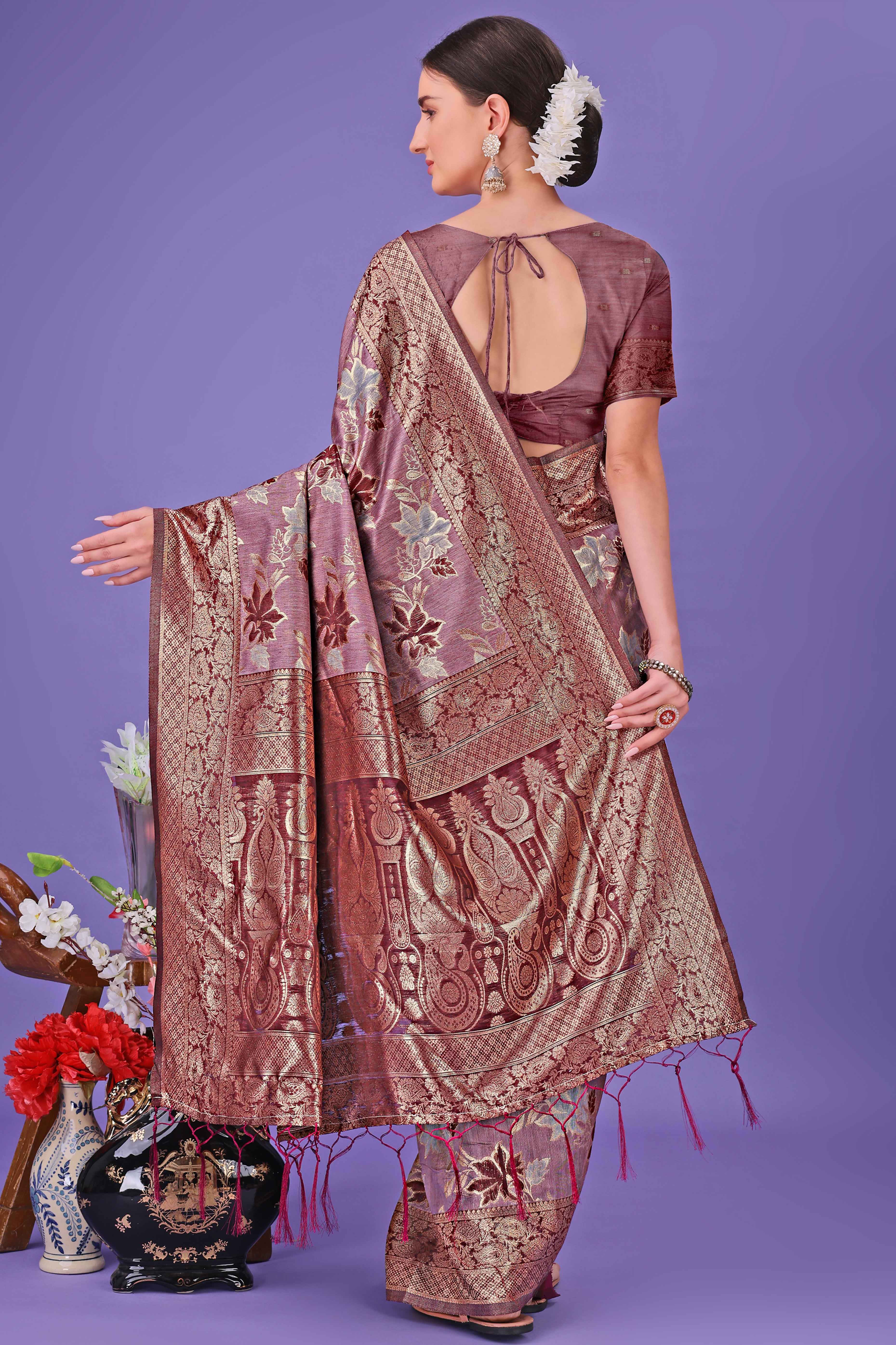 Maroon Floral Zari Woven Saree in a Lustrous Cotton Silk Blend