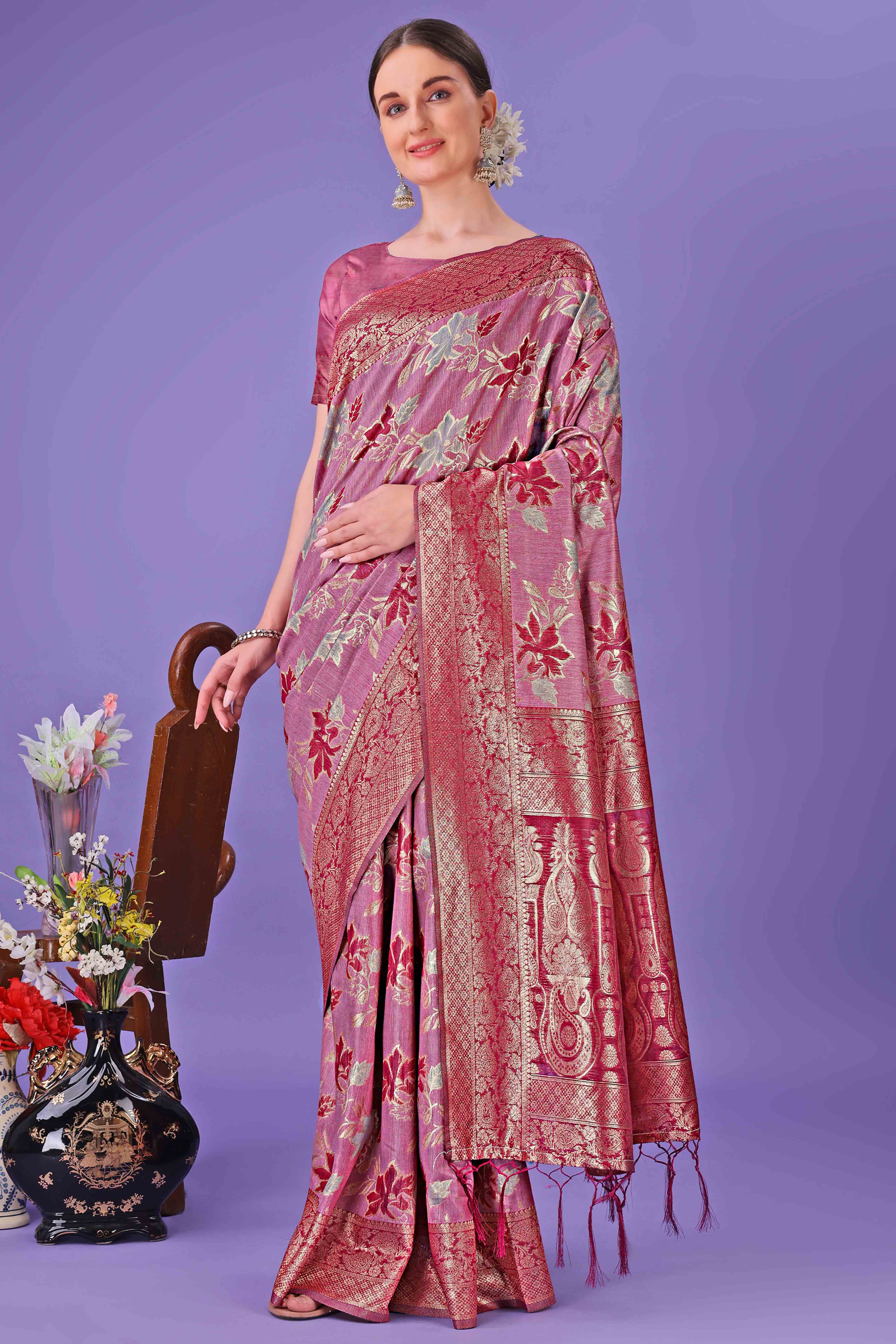 Pink Floral Zari Woven Saree in a Lustrous Cotton Silk Blend