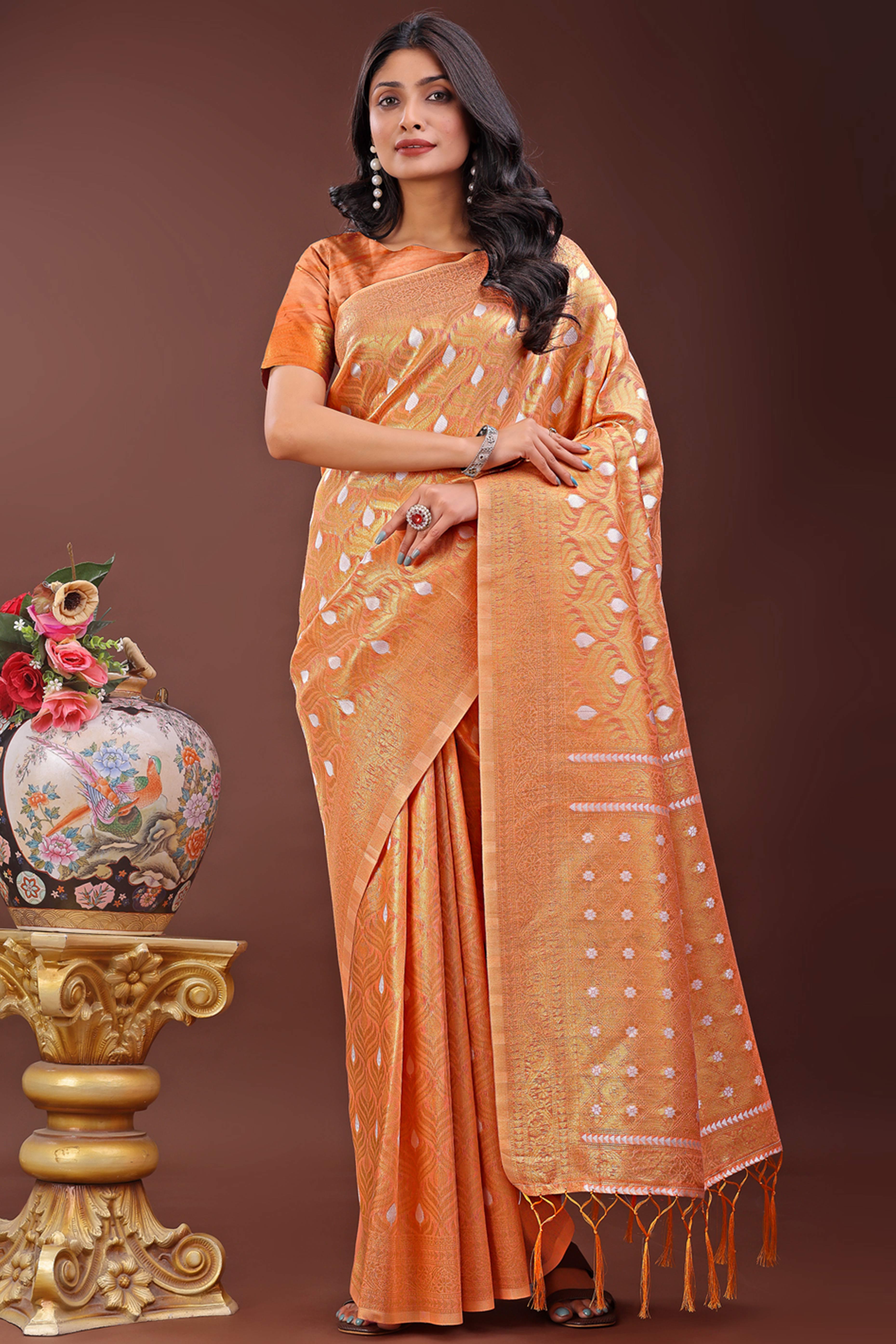 Peach Zari Work Cotton Silk Saree Finished with Luxe Tassels