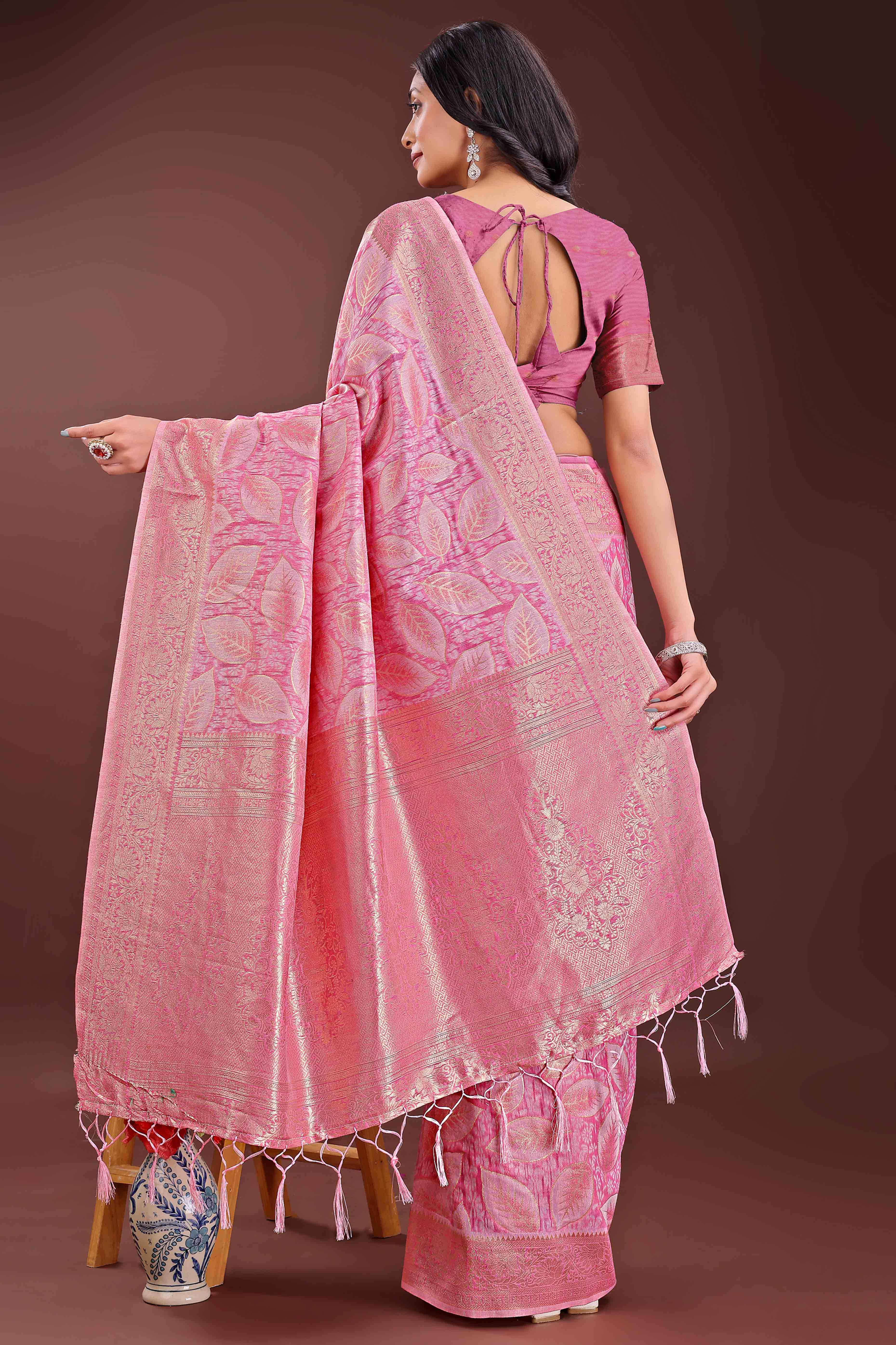 Pink Brocade Woven Saree in Cotton Silk Blend with Zari Detailing