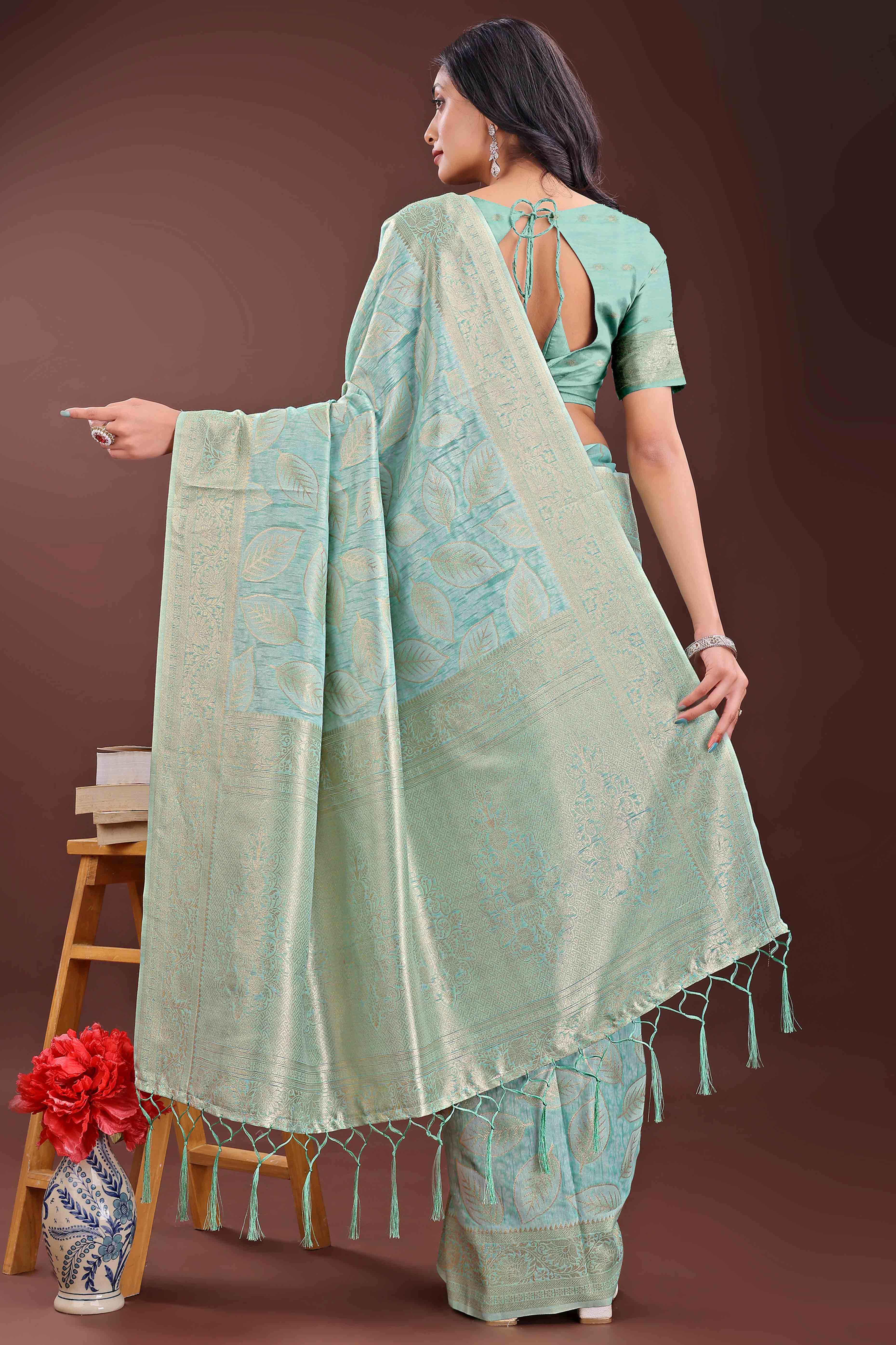 Sea Green Brocade Woven Saree in Cotton Silk Blend with Zari Detailing