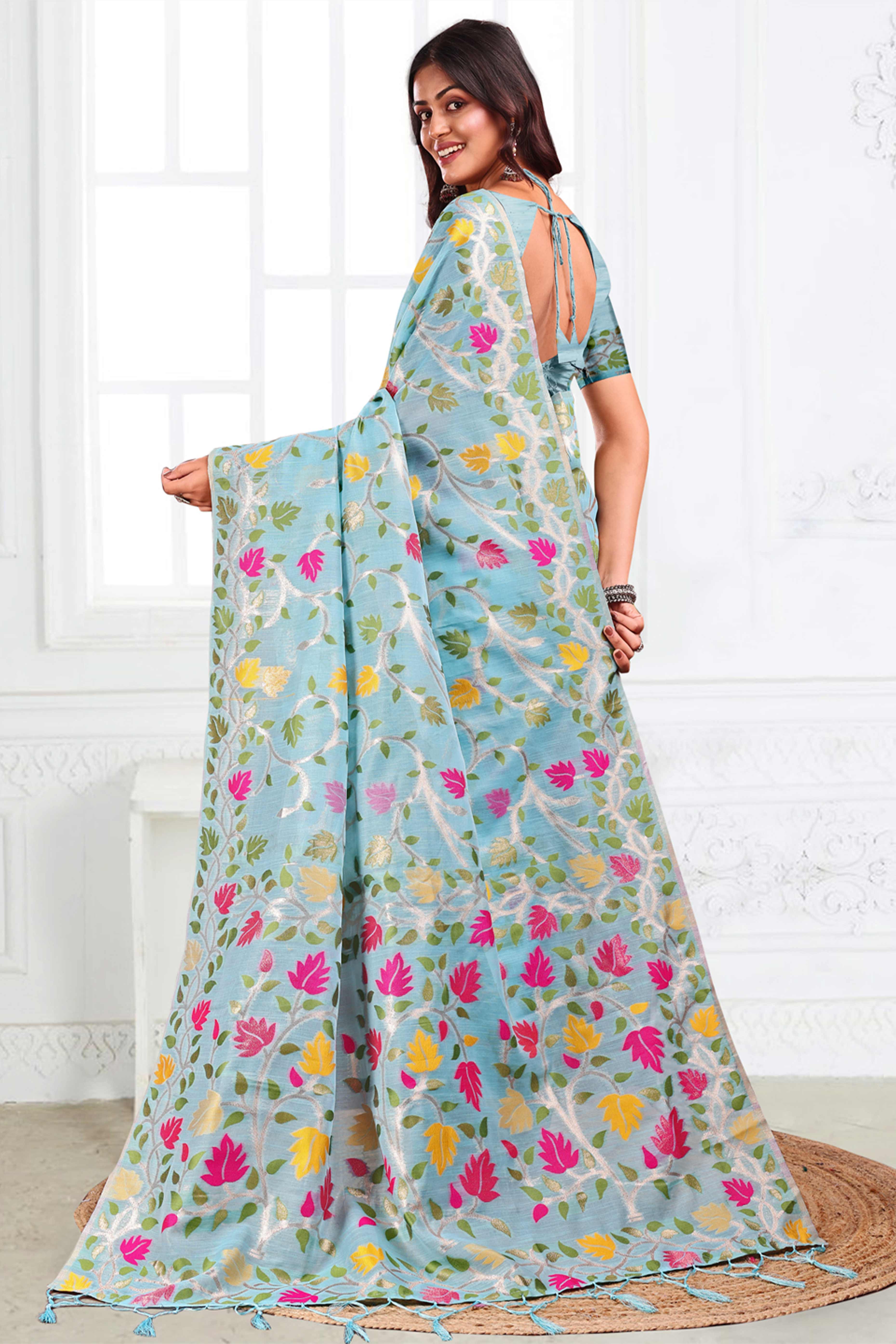 Sky Blue Linen Cotton Silk  Saree Enhanced With Floral Zari Weaving & Tasselled Pallu Finish