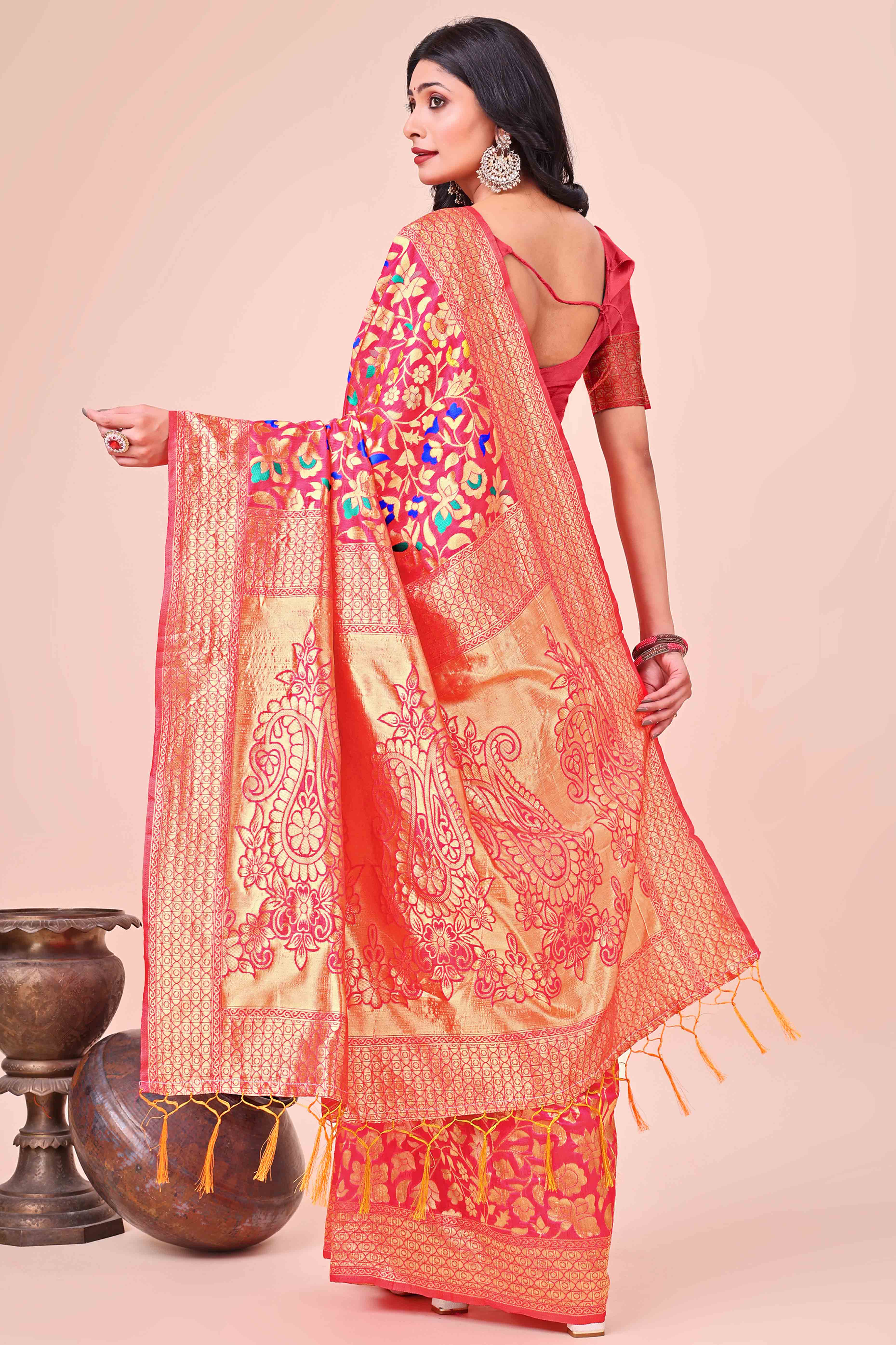 Maroon Lichi Banarasi Silk Saree With Floral Zari Work & Tassel Border