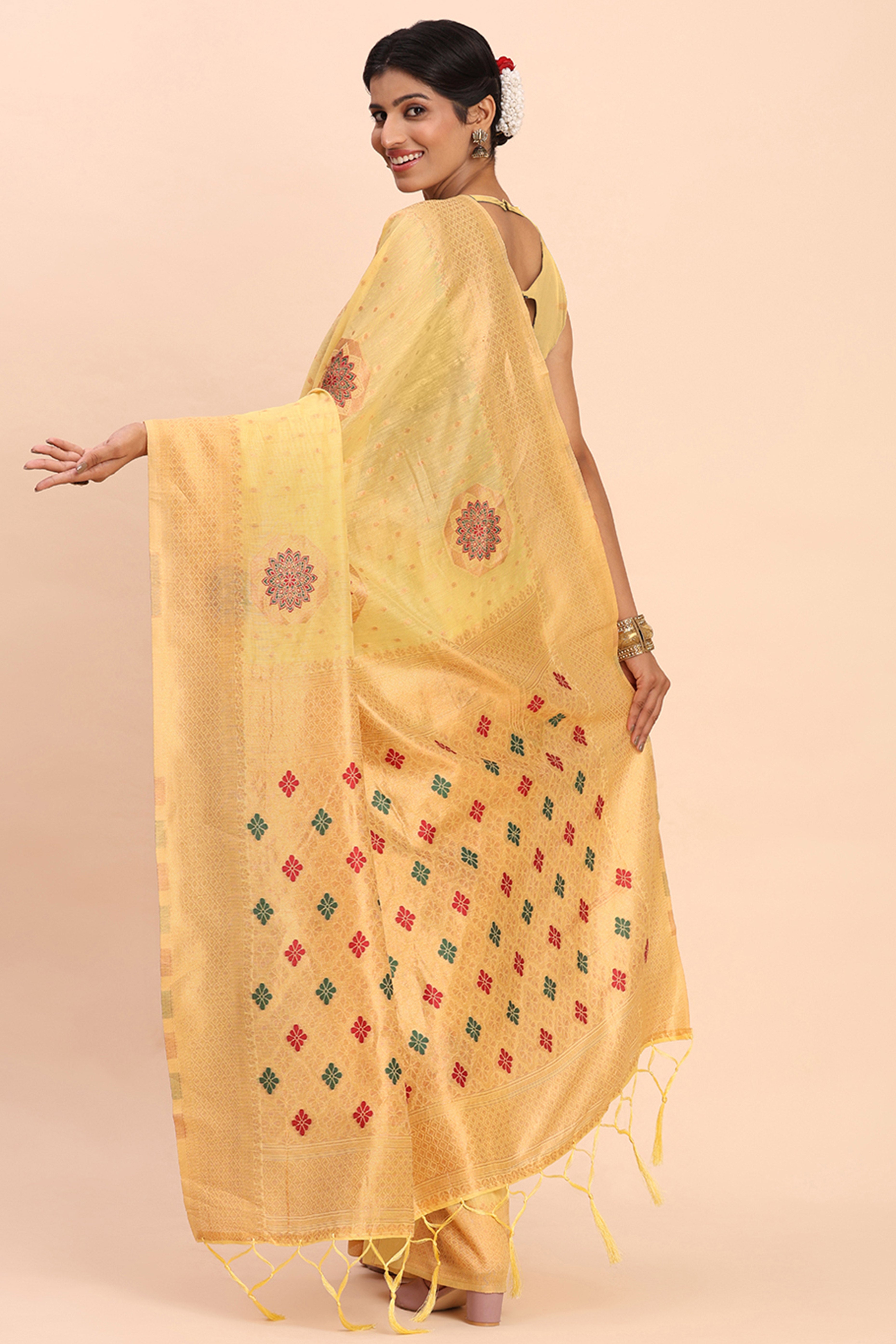 Stylish Yellow Floral Zari Weaving Linen Cotton Saree With Graceful Tassel Pallu