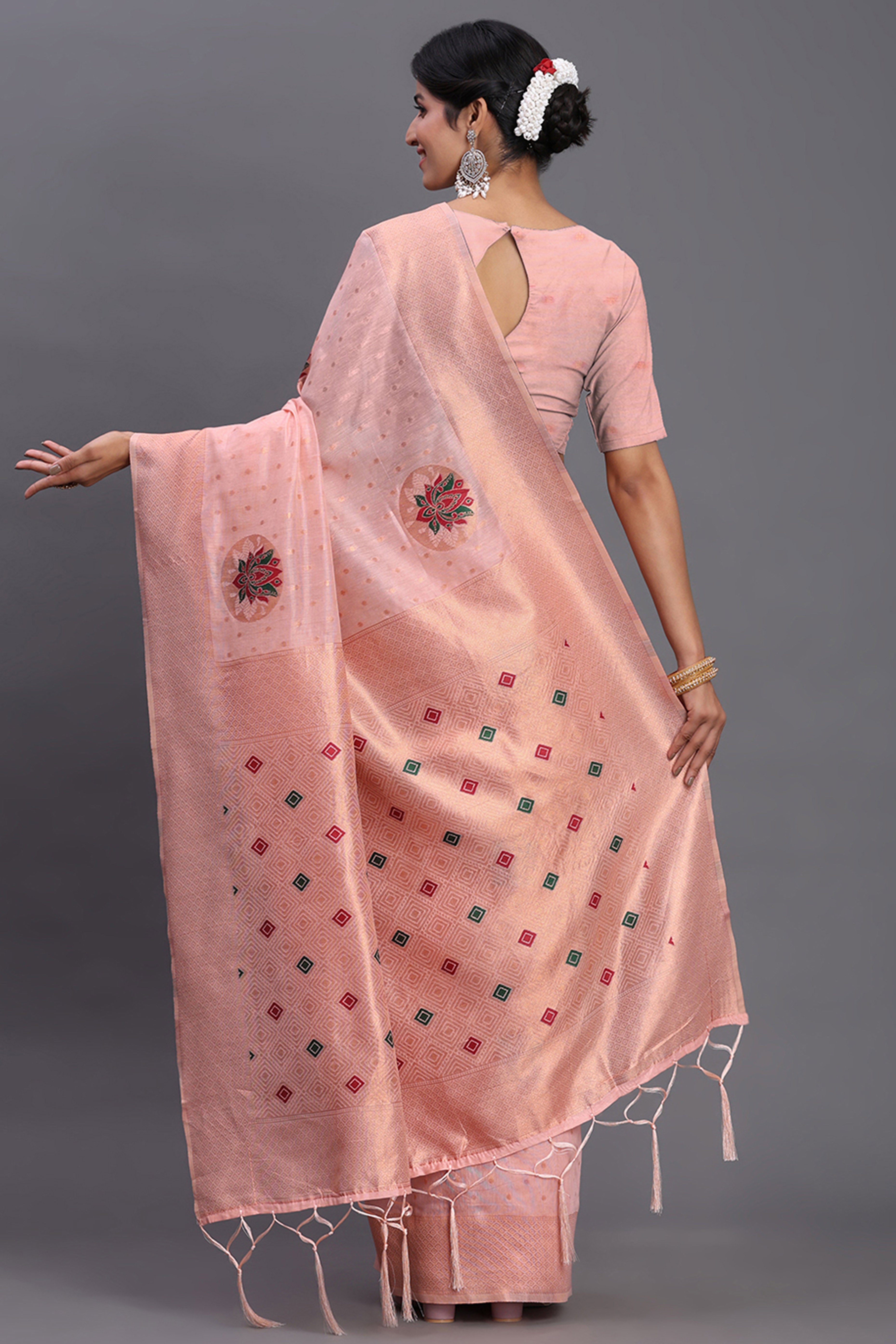 Stylish Light Pink Floral Zari Weaving Linen Cotton Saree With Graceful Tassel Pallu