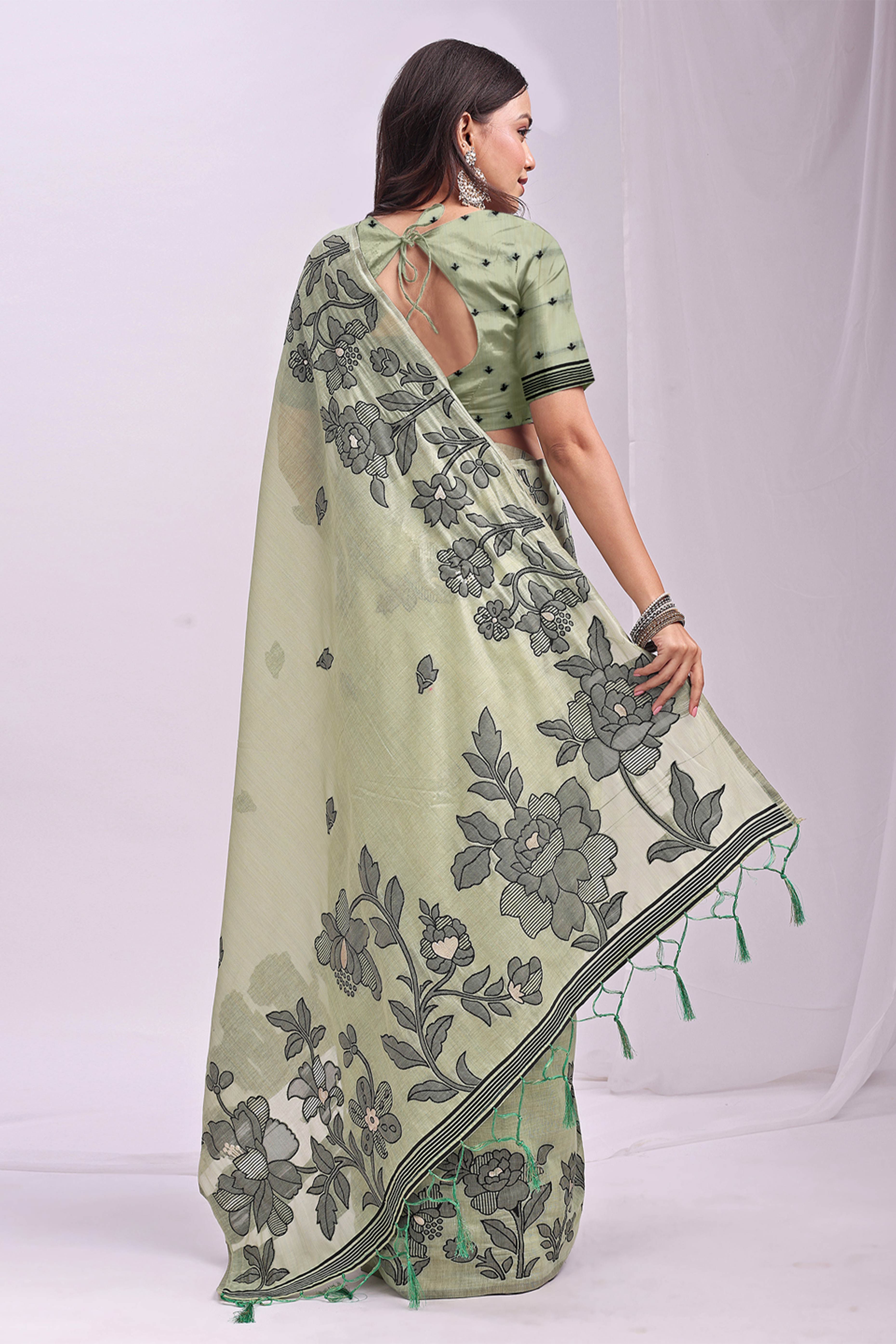 Light Green Ethnic Saree in a Linen Cotton Blend Adorned with Floral Weave Designs