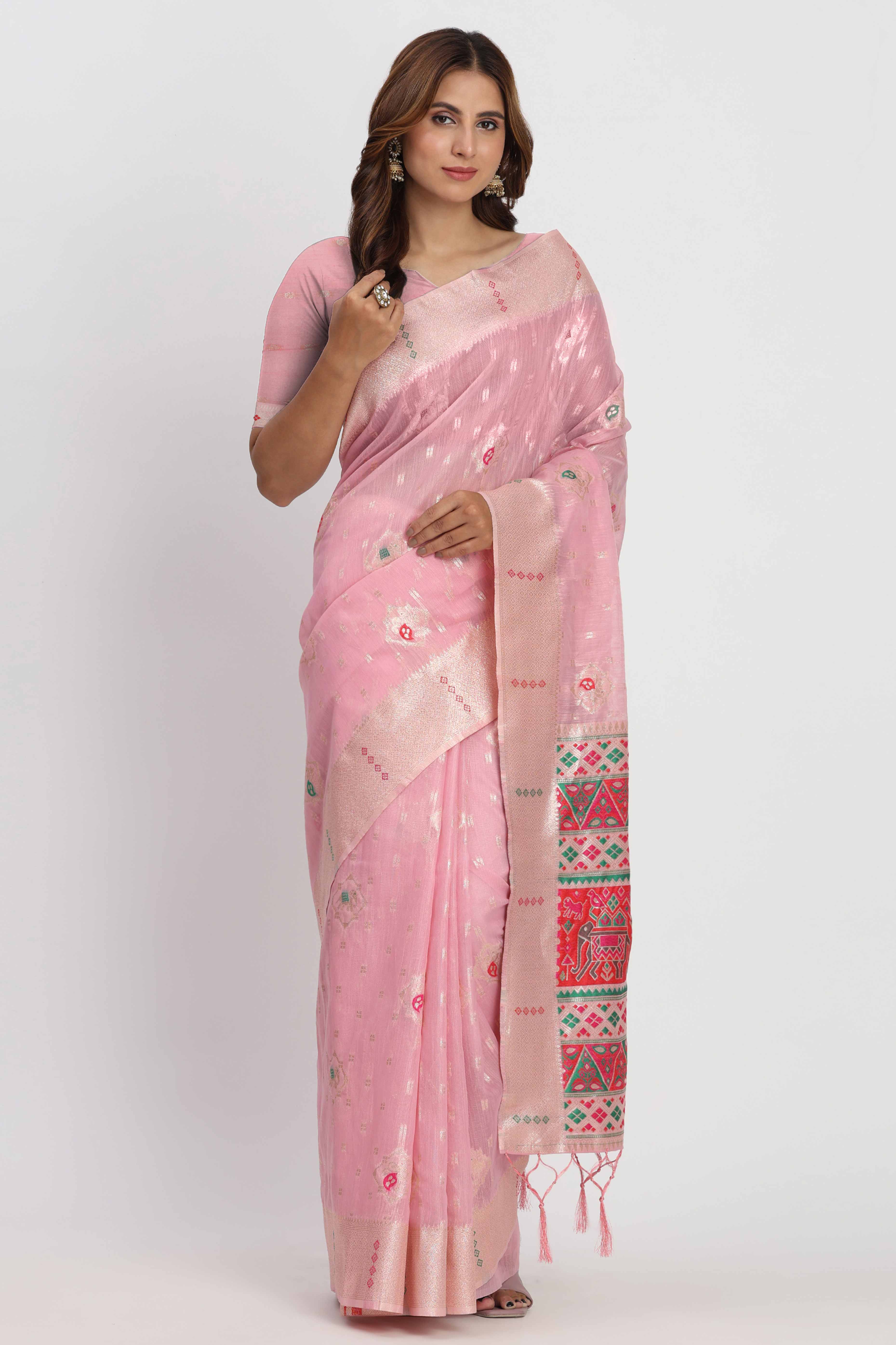 Shimmering Light Pink linen Cotton Saree Embellished With Rich Zari Weaving And Tassels Pallu