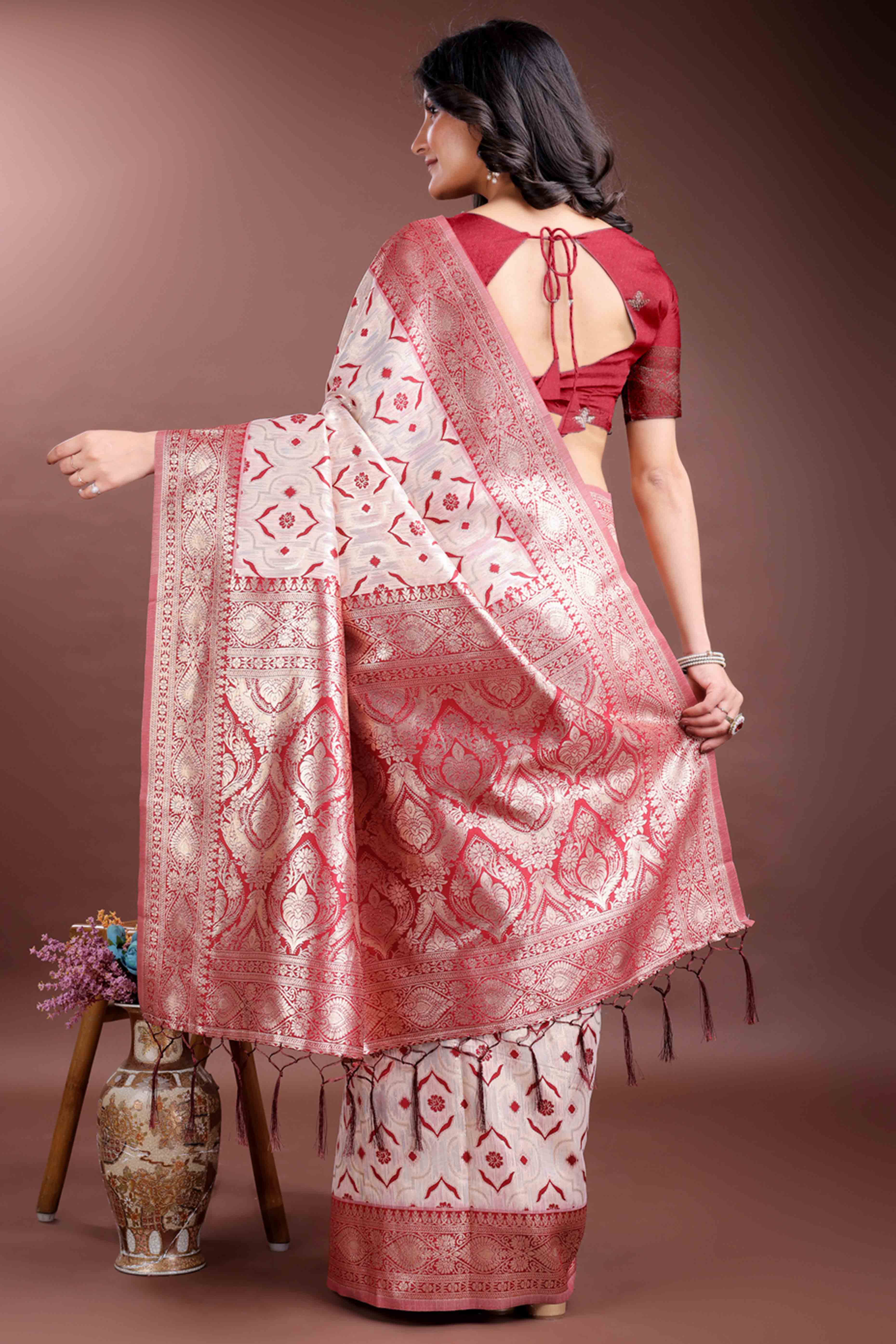 Passionate Red Traditional Ikkat Style Zari Weaving Cotton Blend Saree with Striking Tassel Ornaments