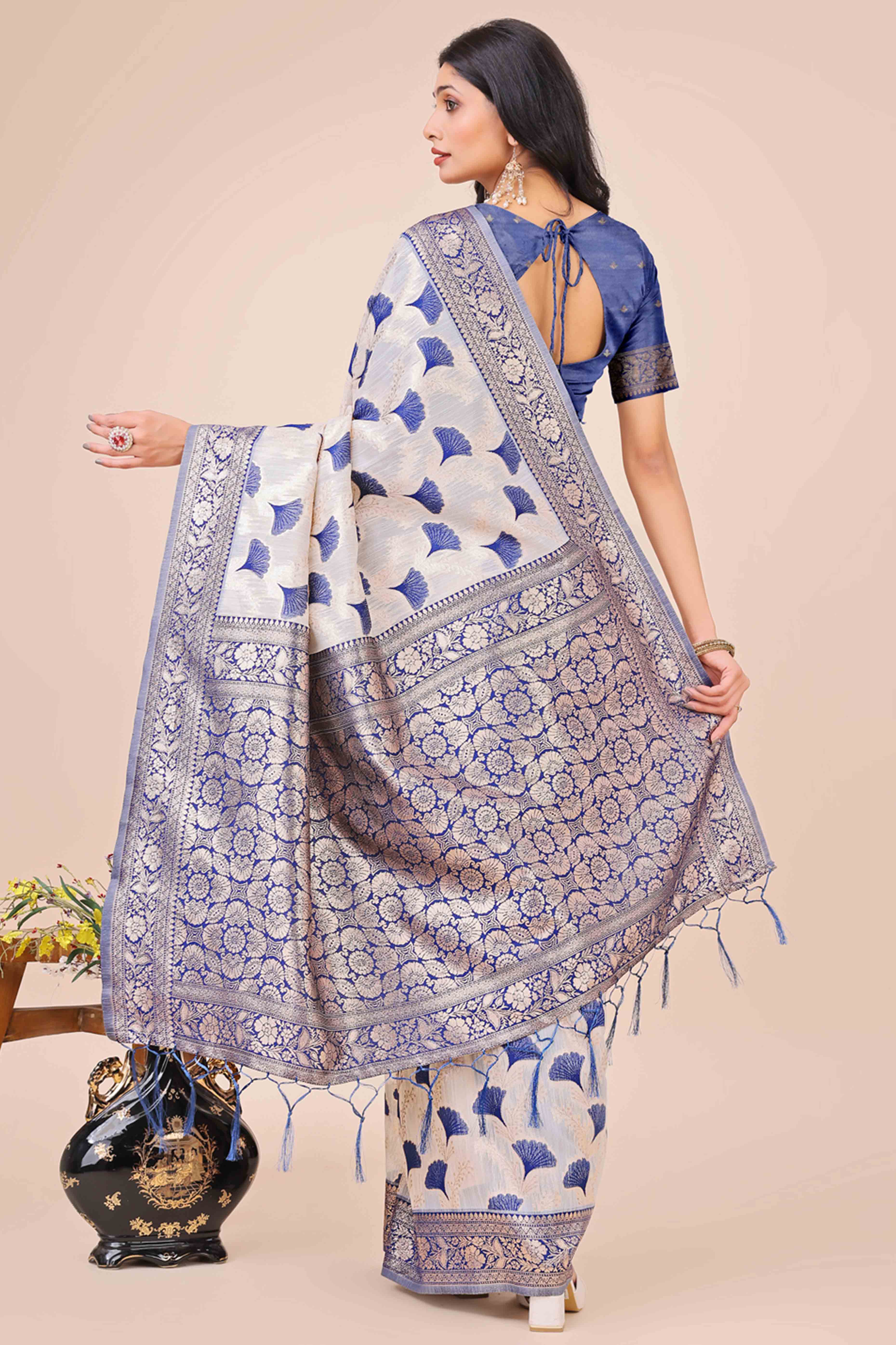 Navy Blue Saree In Linen Cotton With Beautiful Floral Woven Patterns & a Tassel