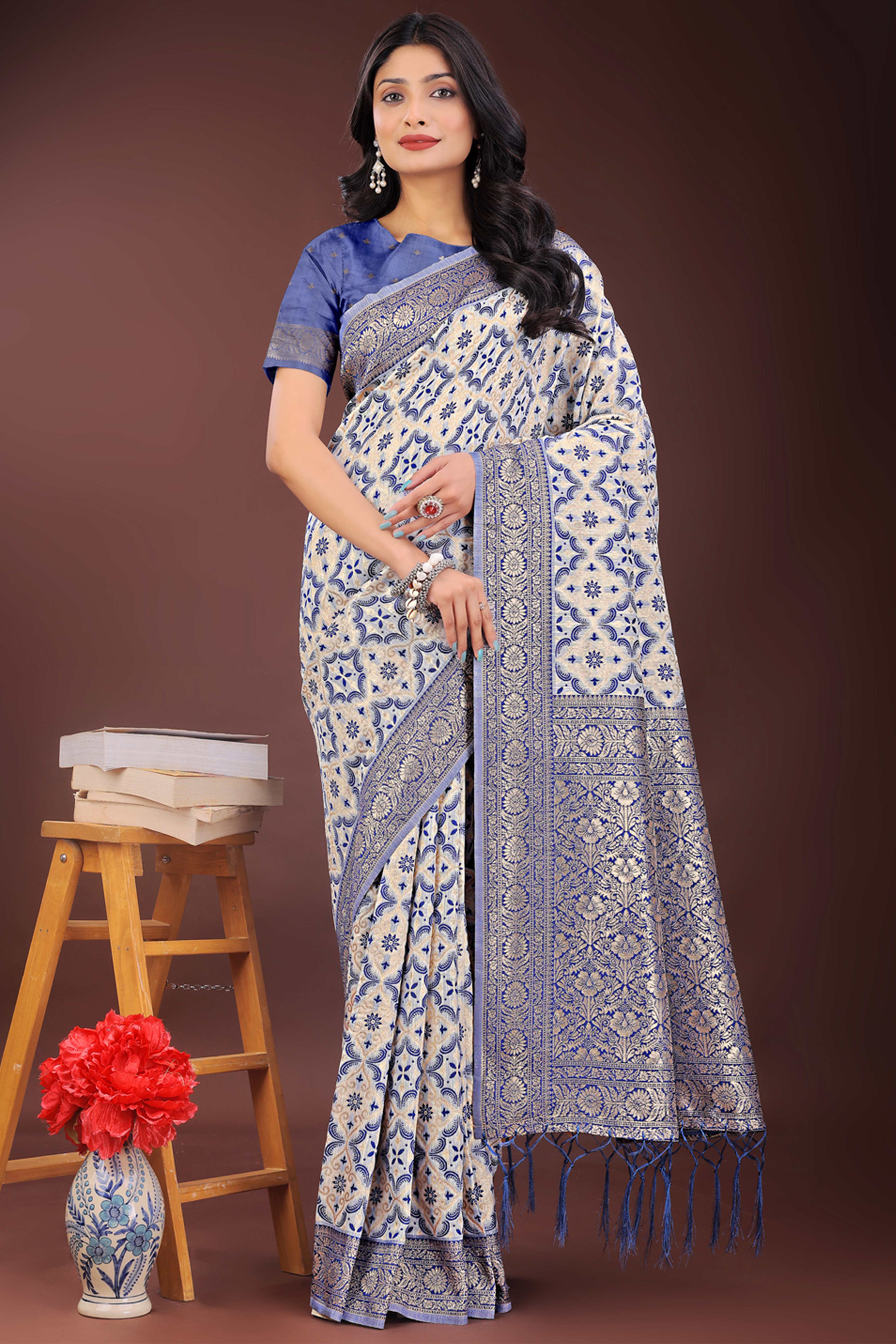 Blue Cotton Blend Saree with Woven Floral Brocade Patterns and Tasseled Borders