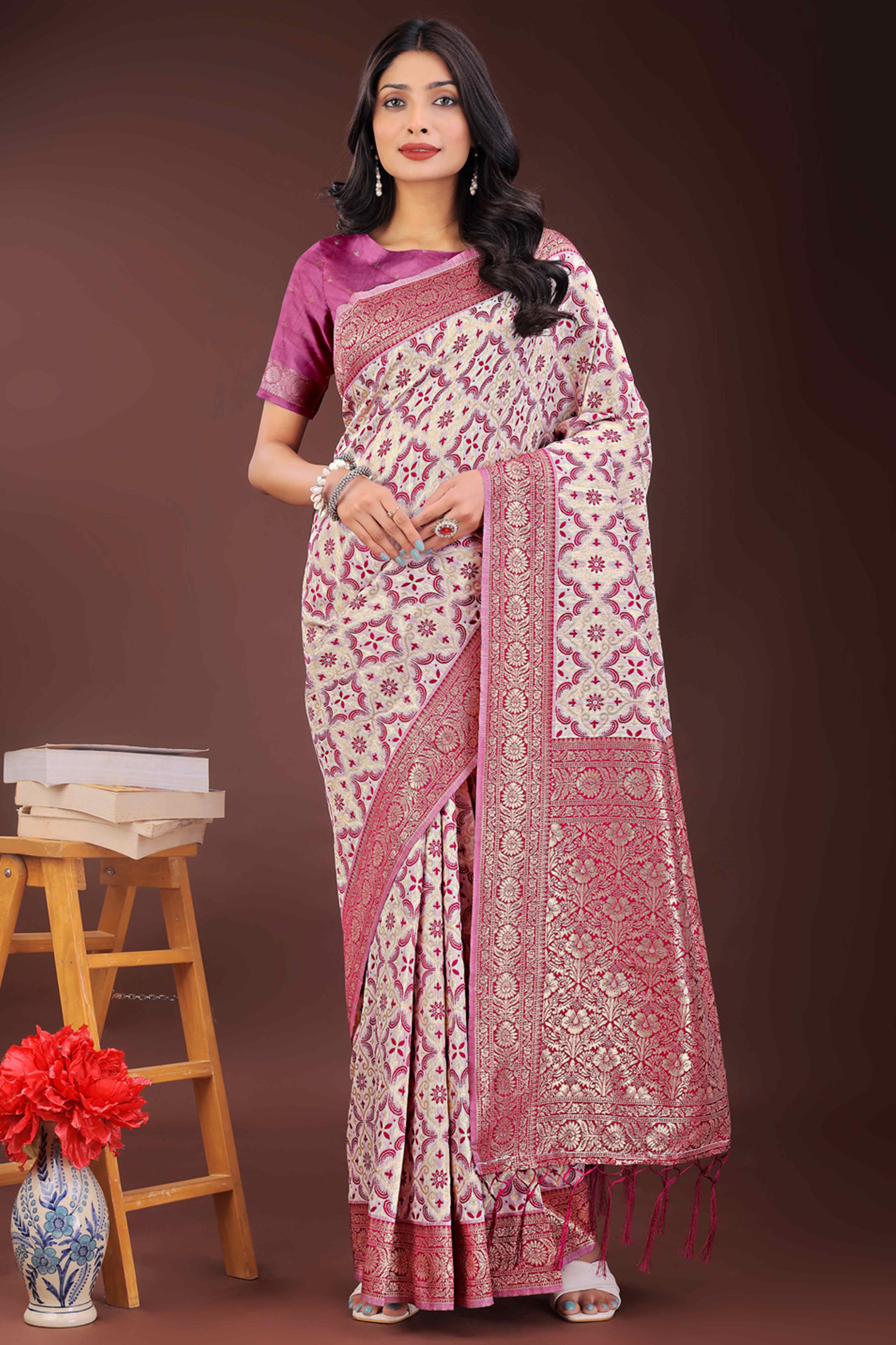 Pink Cotton Blend Saree with Woven Floral Brocade Patterns and Tasseled Borders
