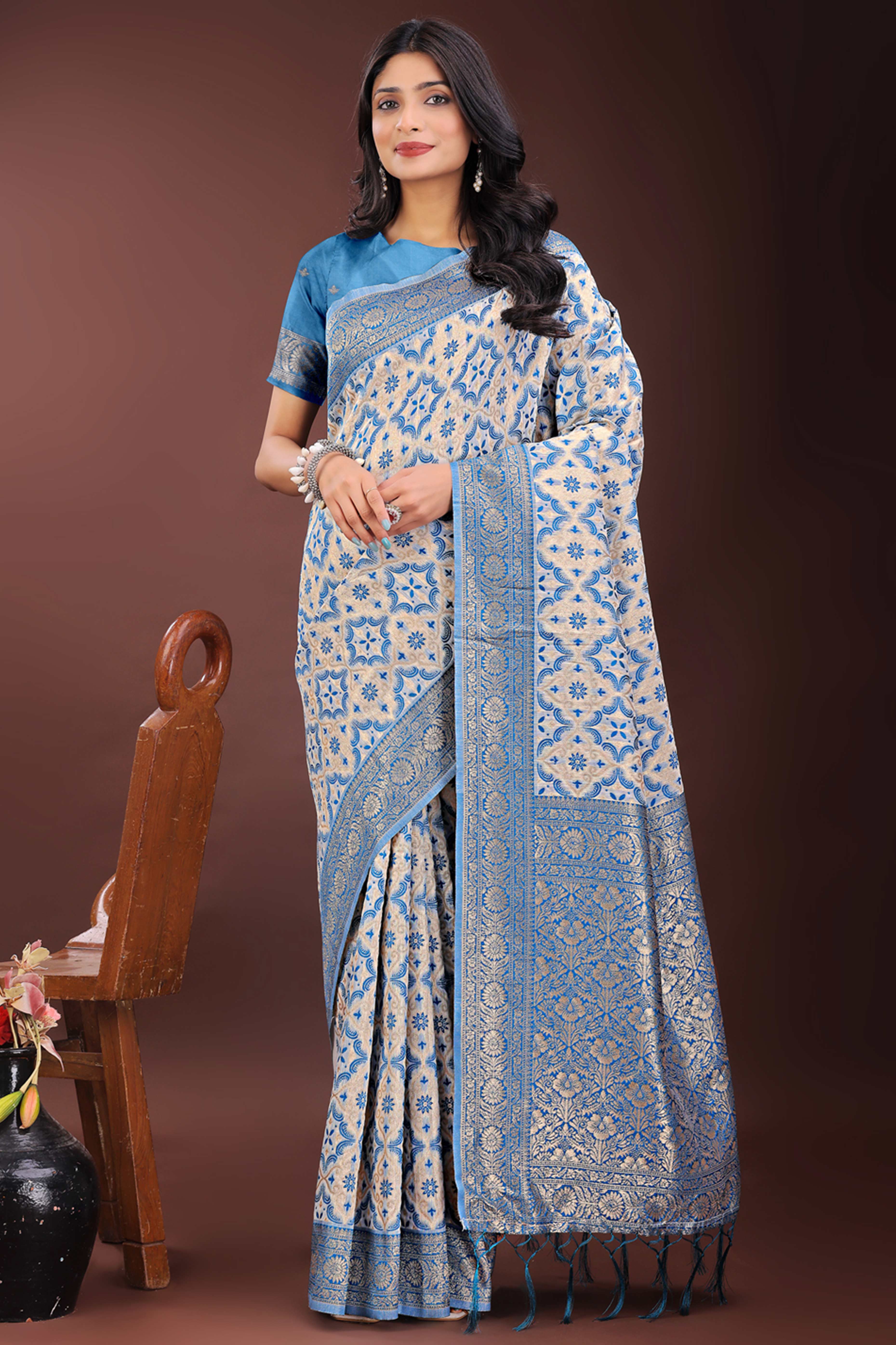 Sky Blue Cotton Blend Saree with Woven Floral Brocade Patterns and Tasseled Borders