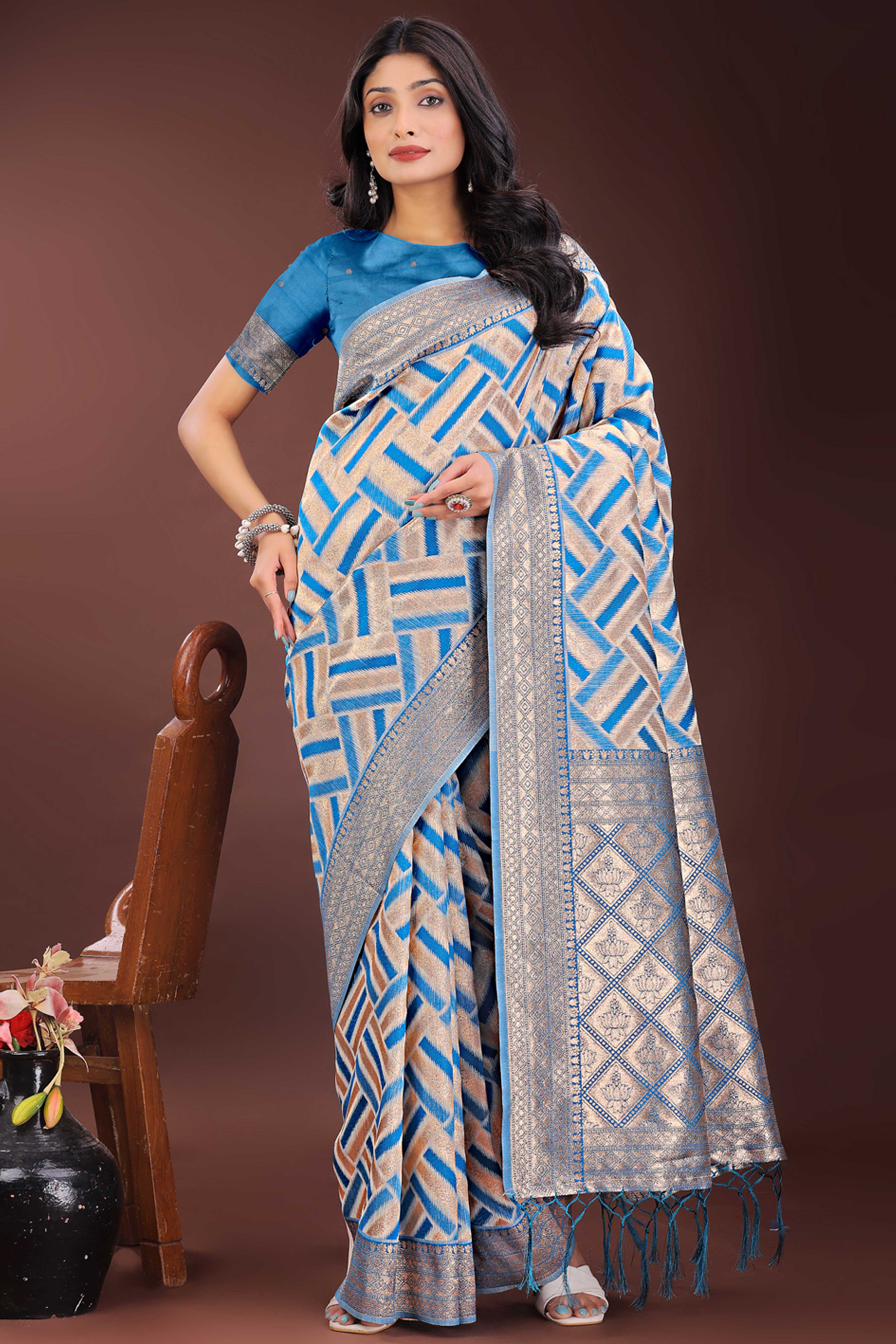 Blue Saree with Zari Woven Geometric Motifs and Graceful Tassel Accents