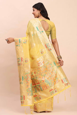 Yellow Bloom Zari Woven Linen Cotton Saree Adorned With Floral Motifs & A Tassel Finish
