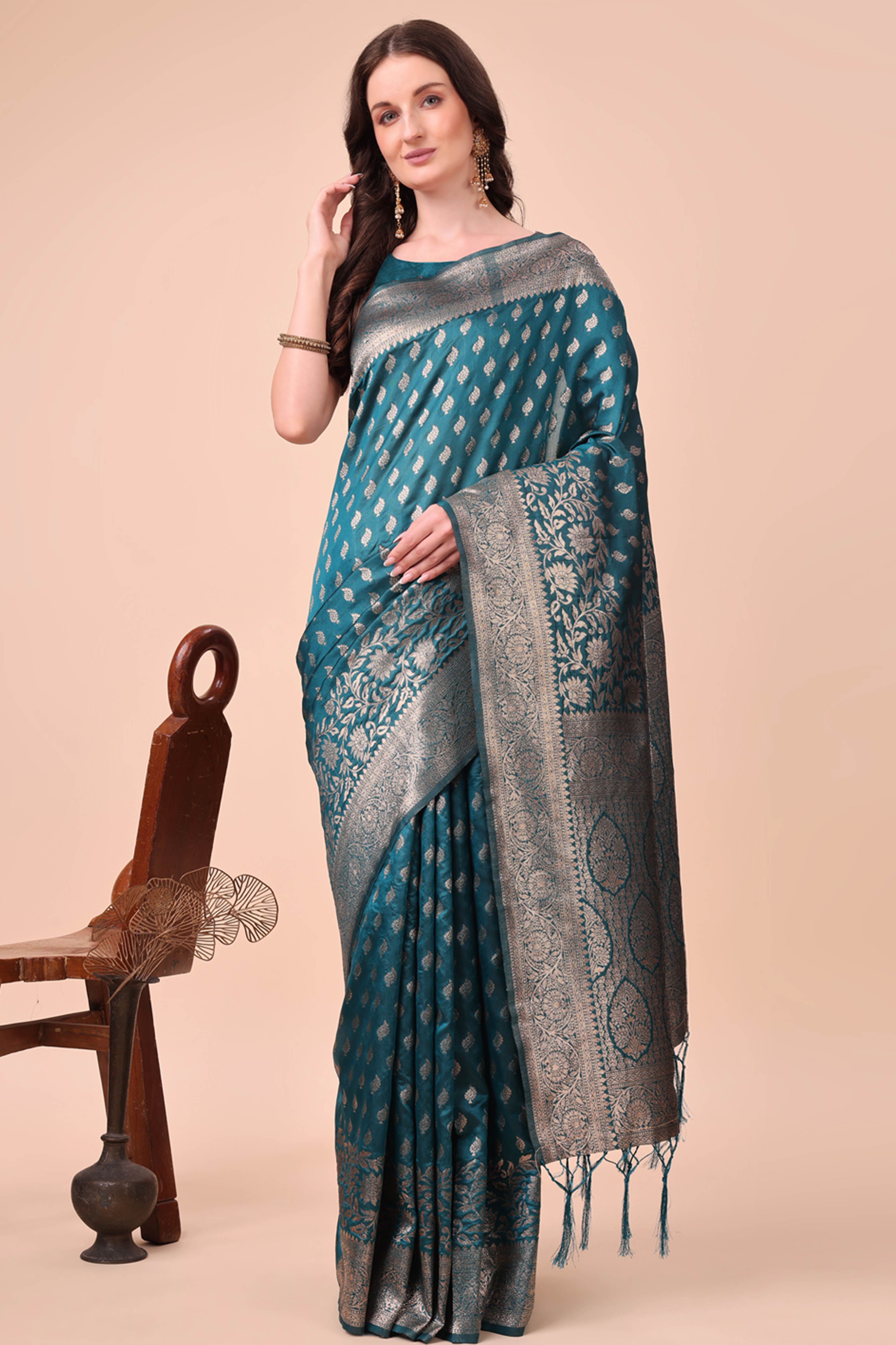 Teal Saree In Lichi Silk Blend With Floral Zari Weaving & Delicate Tassel Border