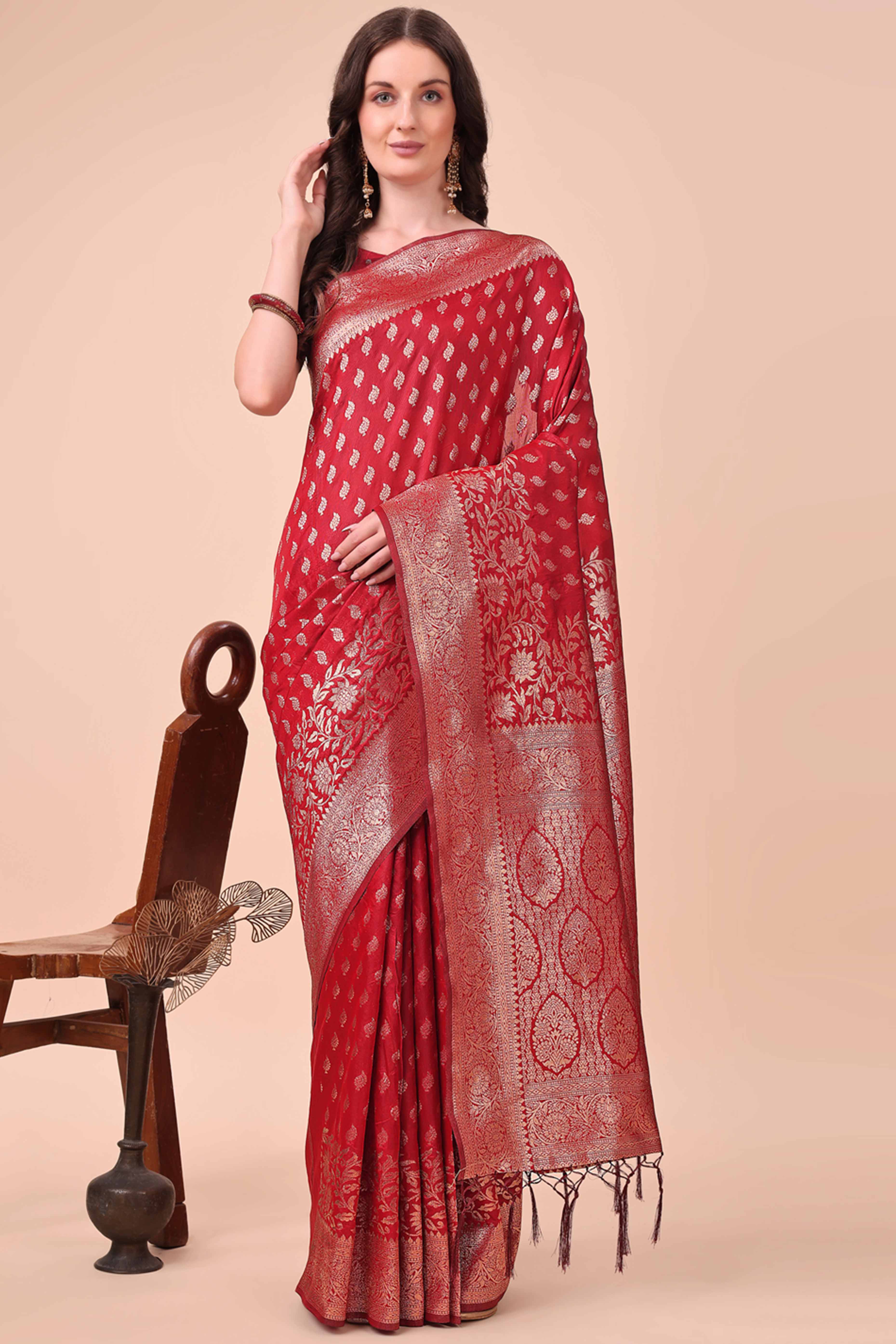 Red Saree In Lichi Silk Blend With Floral Zari Weaving & Delicate Tassel Border