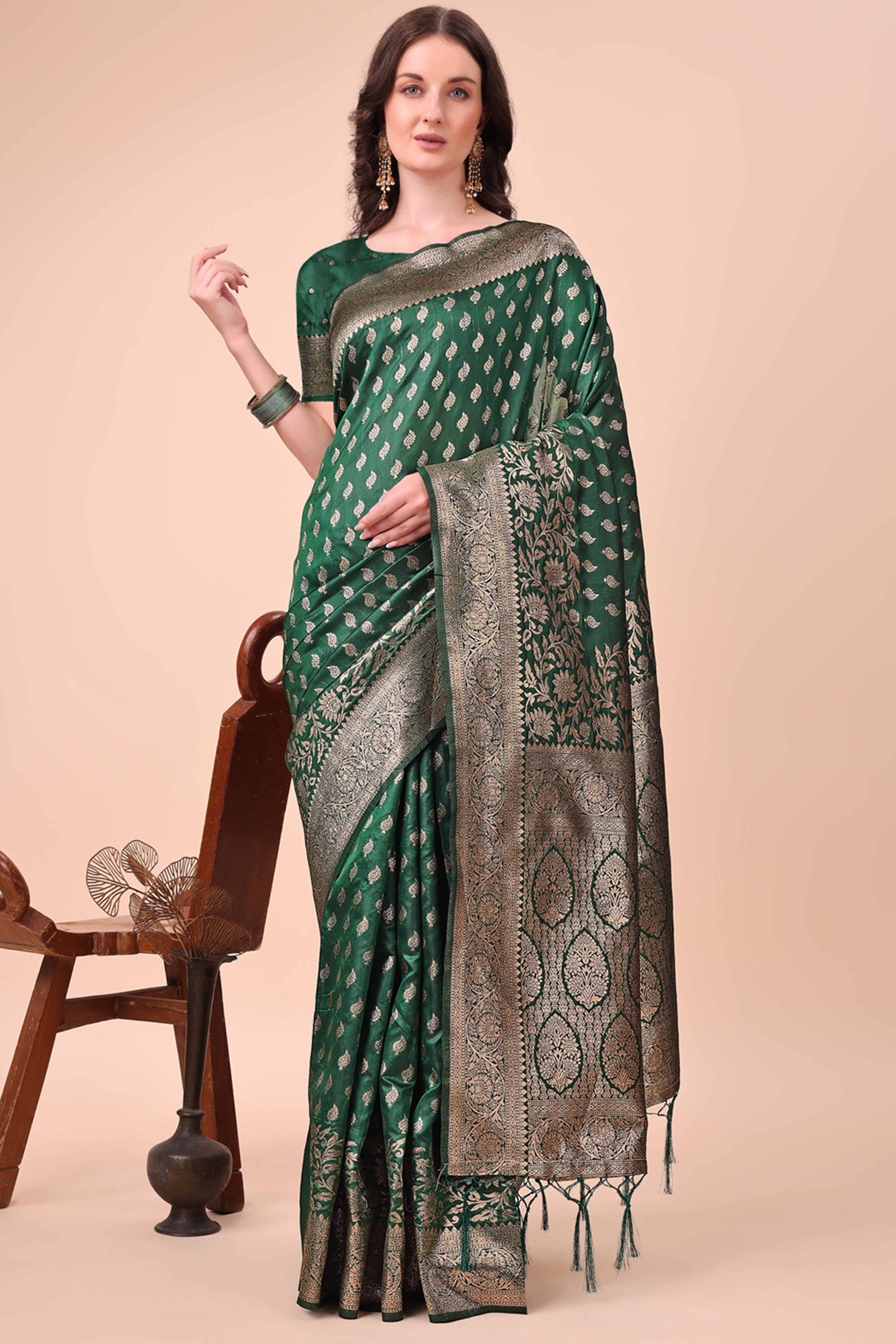 Green Saree In Lichi Silk Blend With Floral Zari Weaving & Delicate Tassel Border