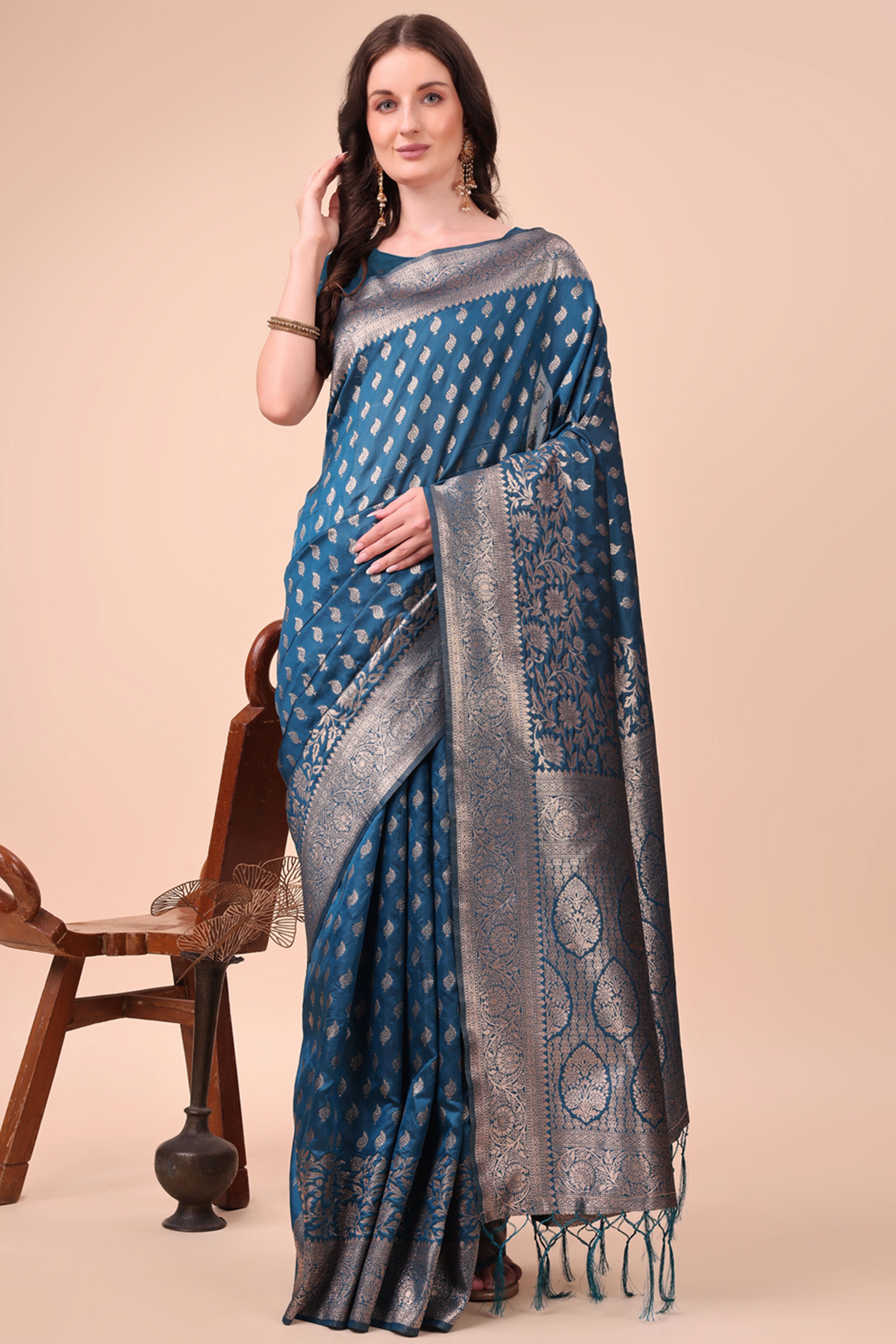 Morpich Blue Saree In Lichi Silk Blend With Floral Zari Weaving & Delicate Tassel Border