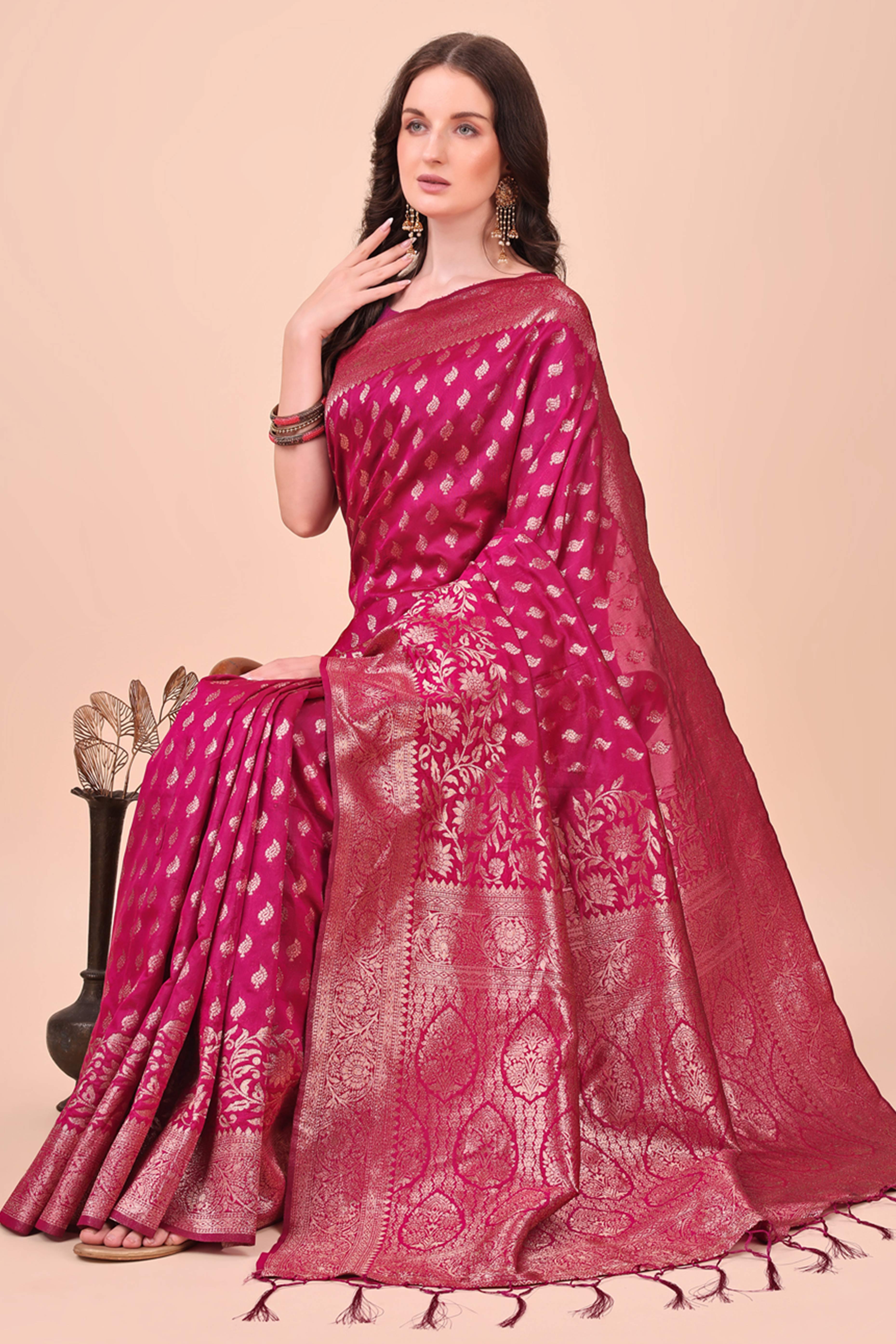 Magenta Saree In Lichi Silk Blend With Floral Zari Weaving & Delicate Tassel Border