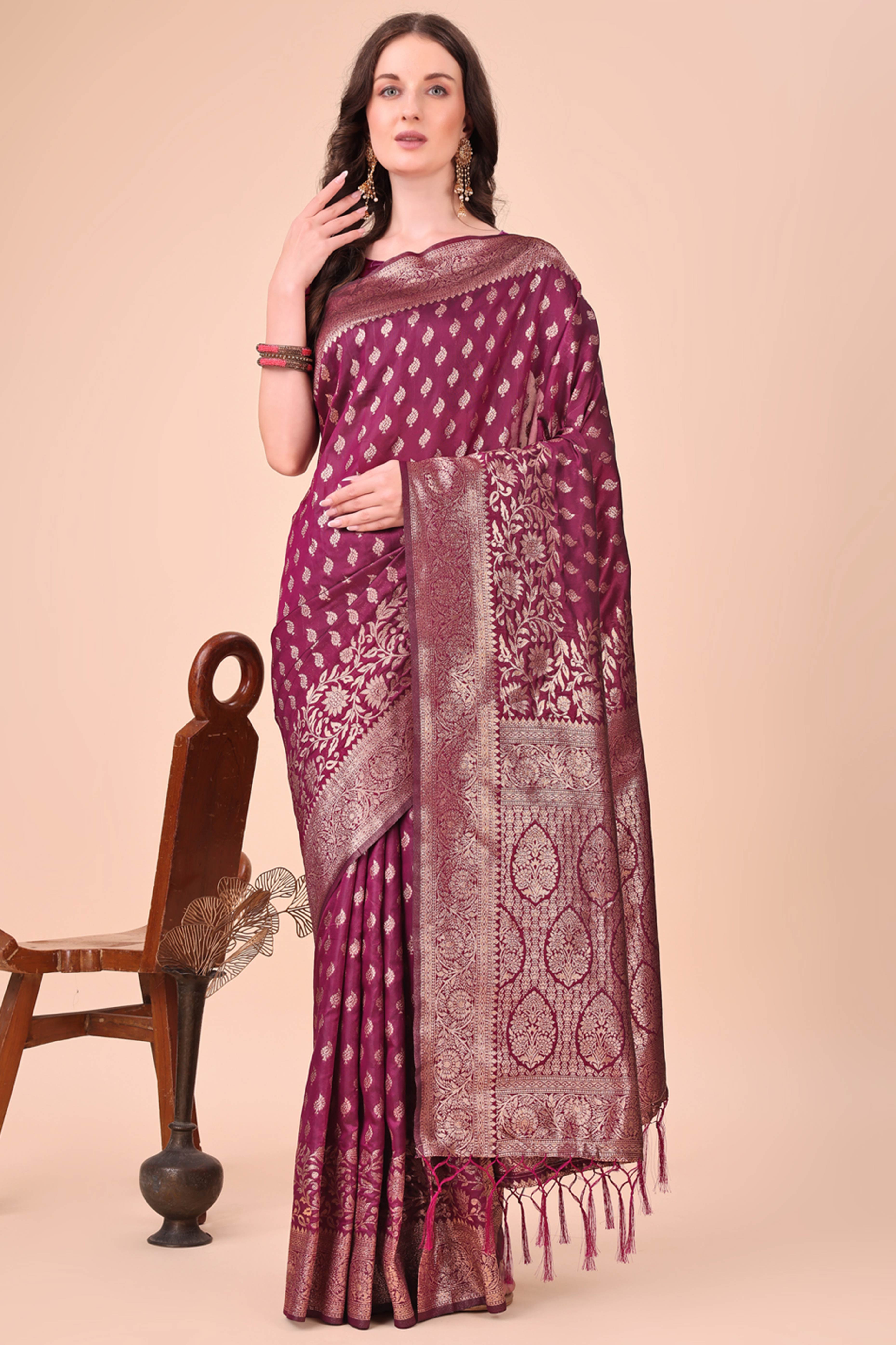 Wine Saree In Lichi Silk Blend With Floral Zari Weaving & Delicate Tassel Border