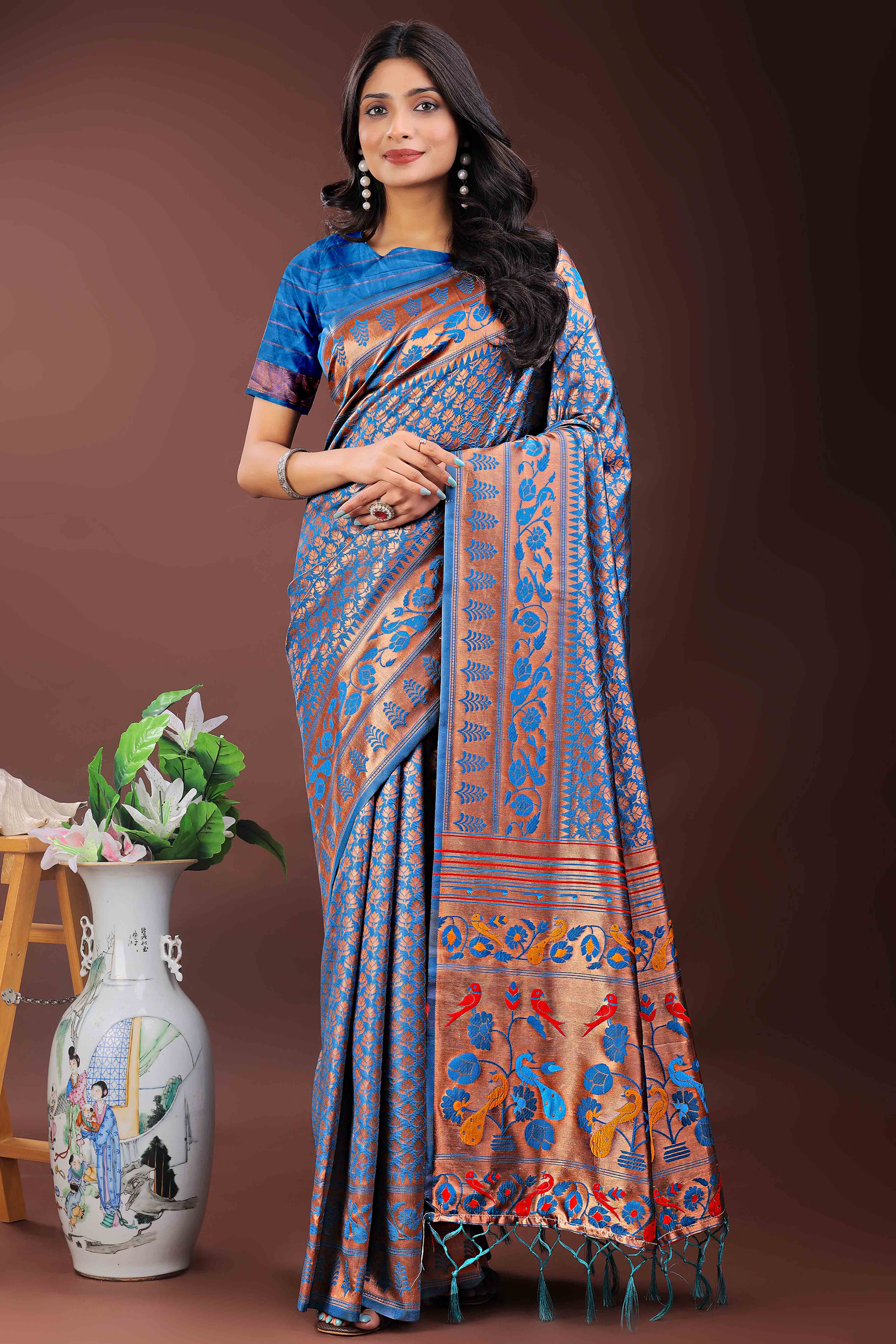 Blue Silk Banarasi Saree with Stunning Zari Woven Brocade Patterns