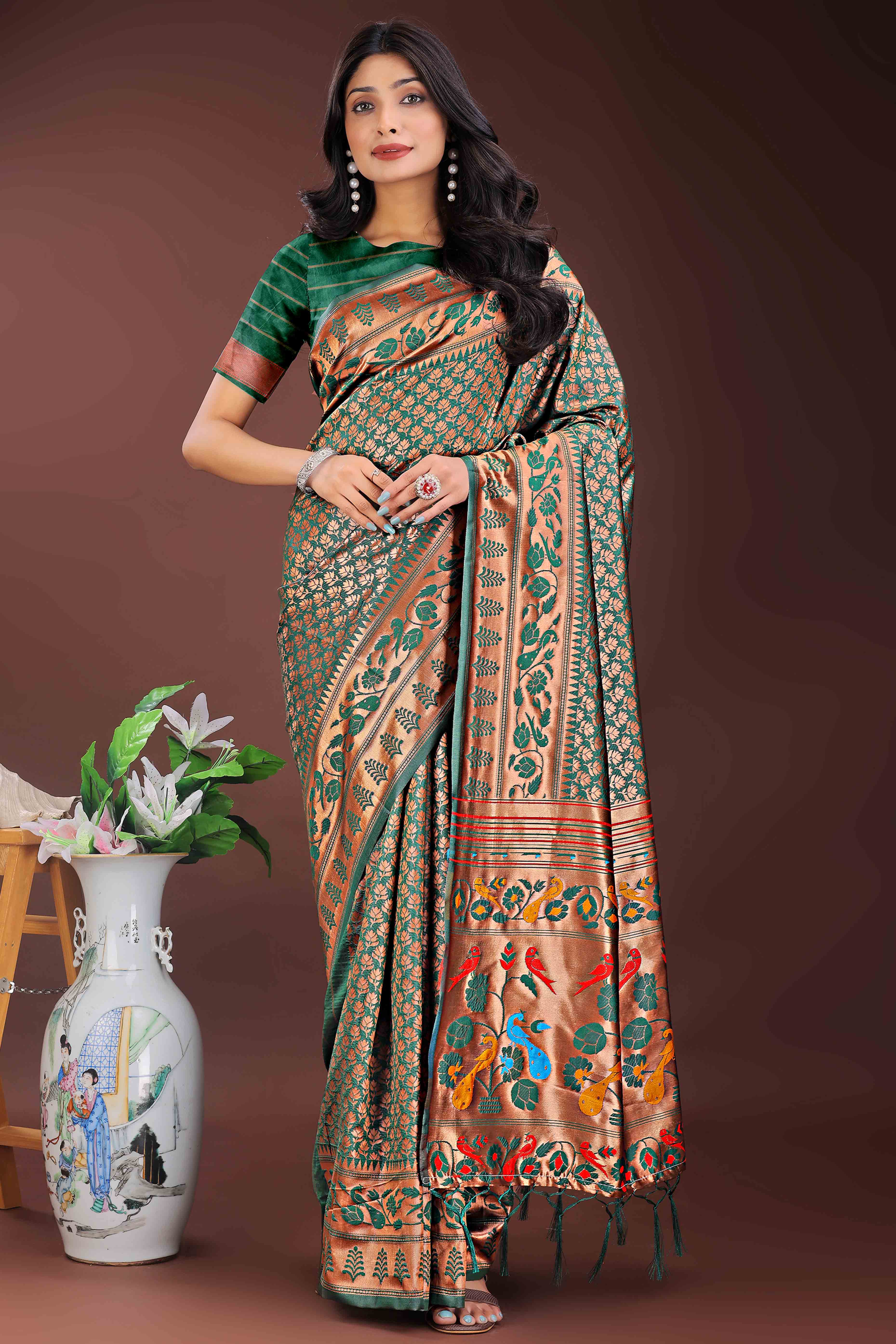 Green Silk Banarasi Saree with Stunning Zari Woven Brocade Patterns