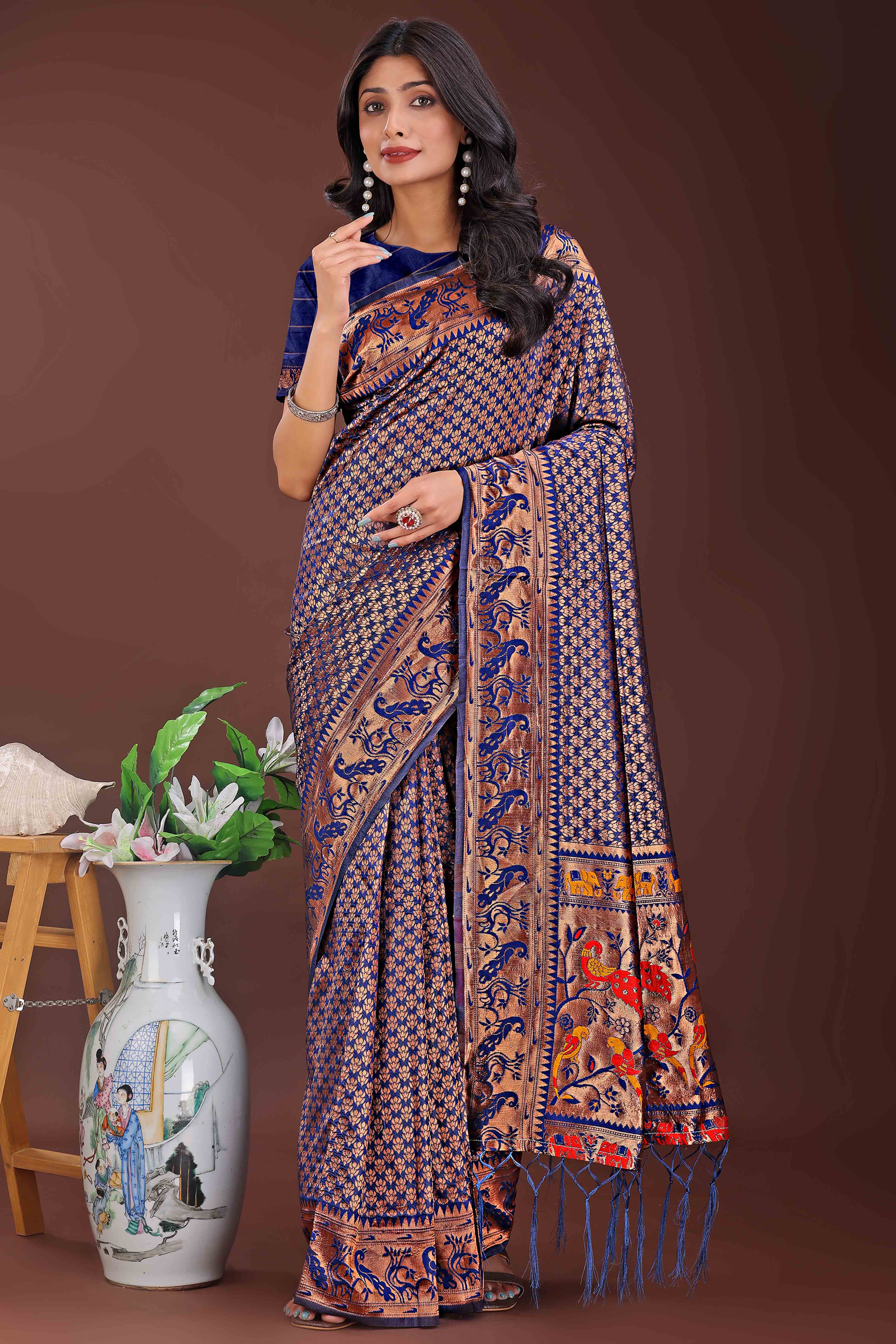 Navy Blue Saree in Banarasi Silk with Luxurious Zari Brocade Weaving