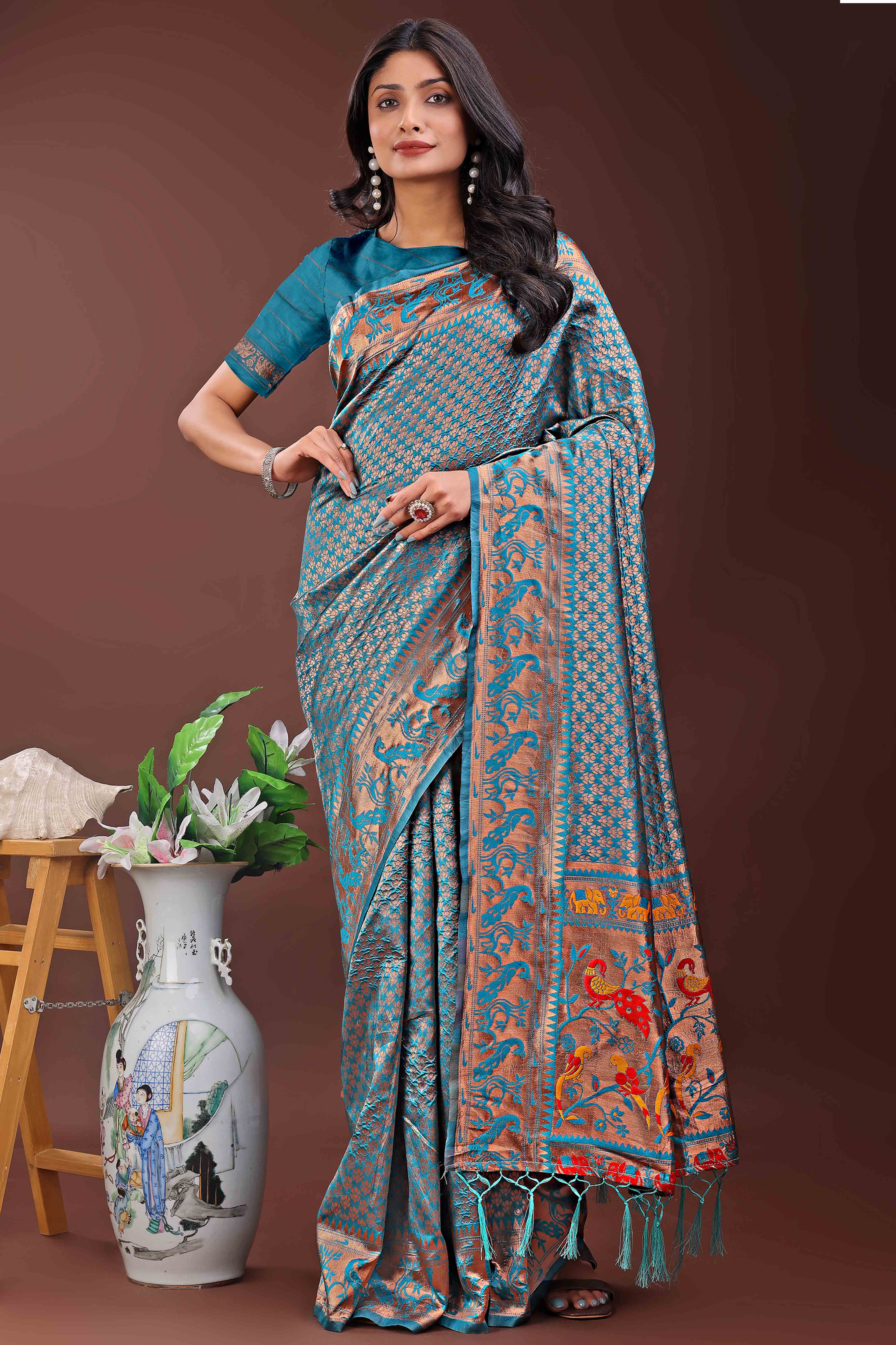 Teal Saree in Banarasi Silk with Luxurious Zari Brocade Weaving