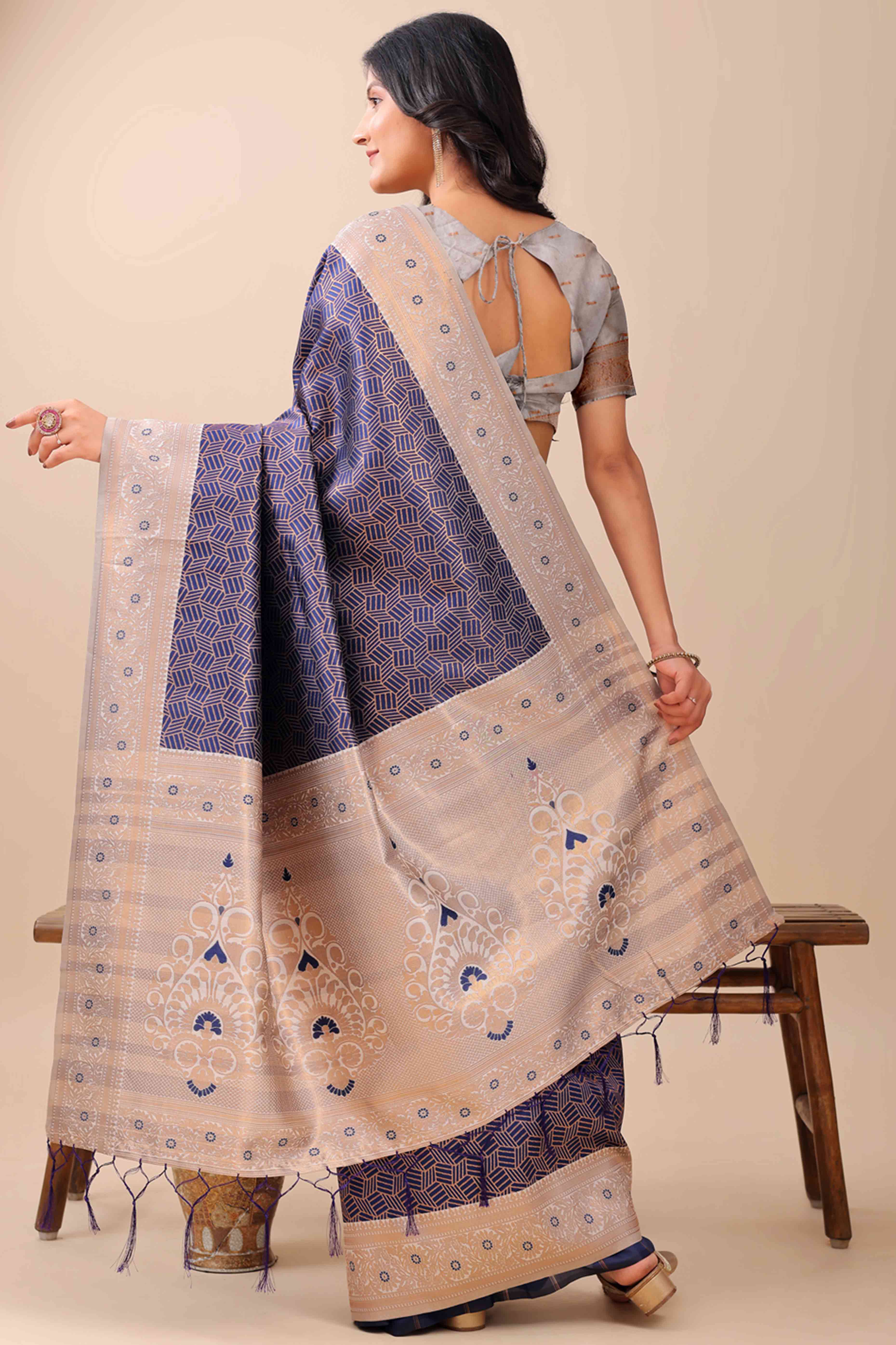 Navy Blue Lichi Cotton Silk Saree With Intricate Zari Weaving In Floral & Geometric Patterns