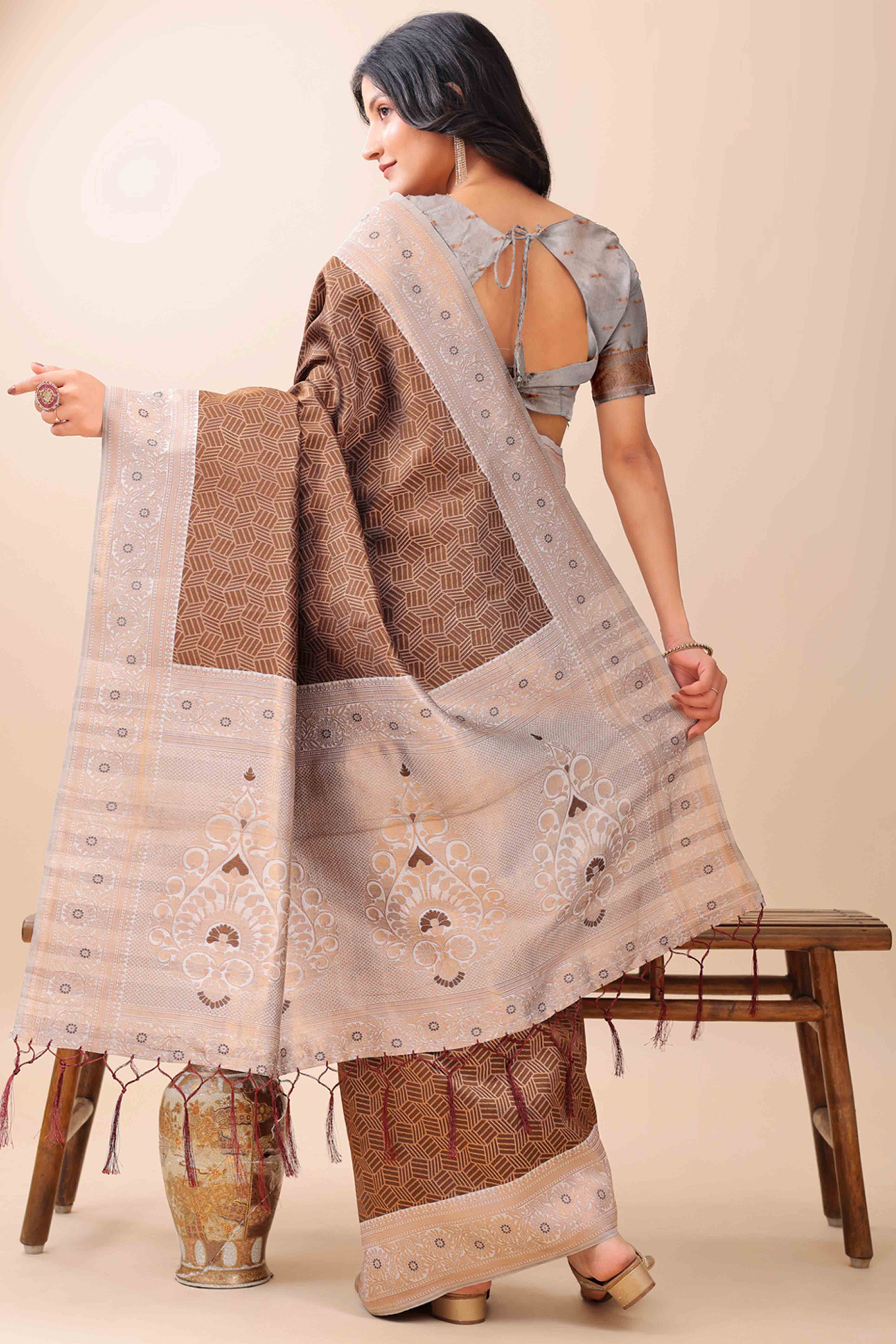 Brown Lichi Cotton Silk Saree With Intricate Zari Weaving In Floral & Geometric Patterns