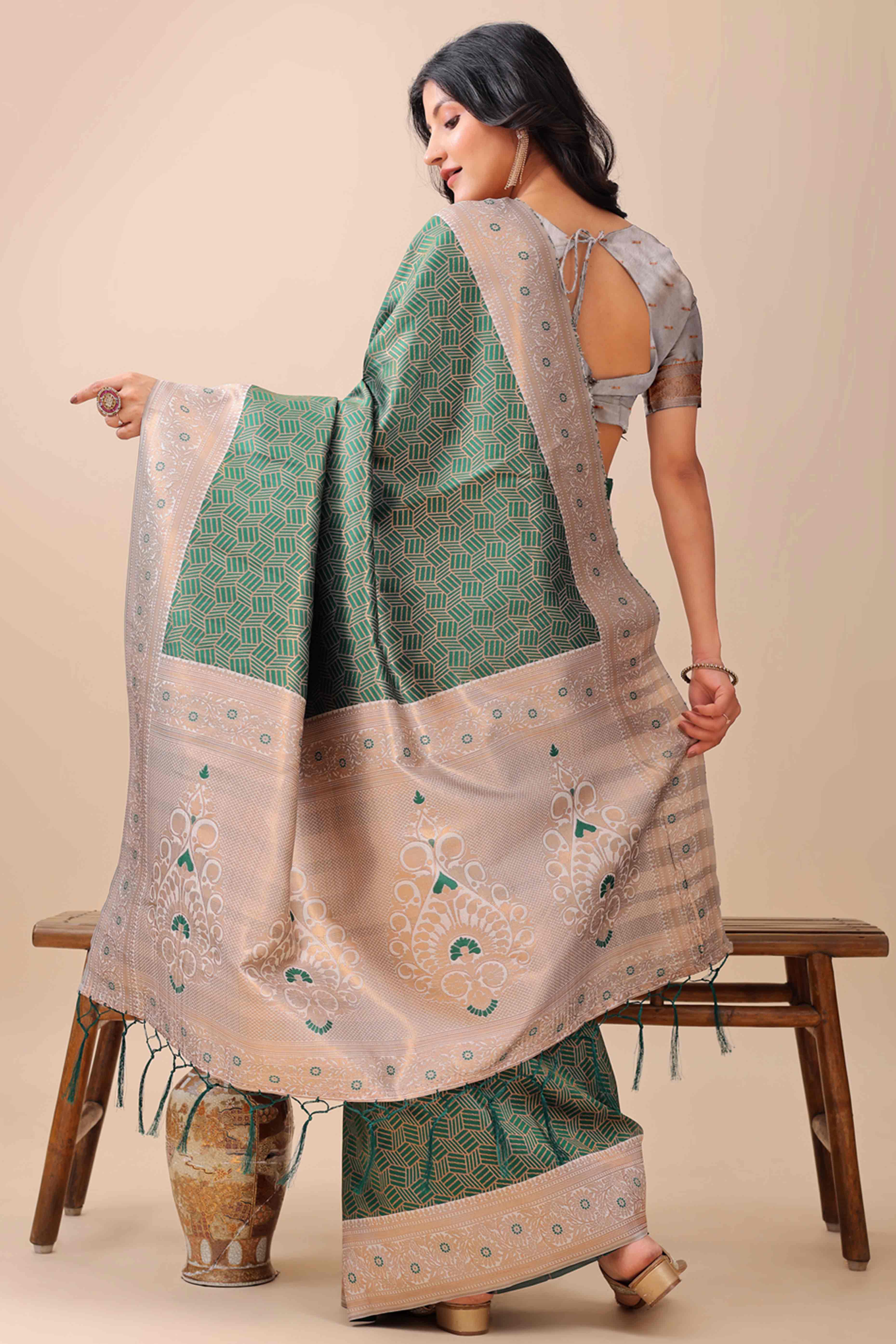 Green Lichi Cotton Silk Saree With Intricate Zari Weaving In Floral & Geometric Patterns