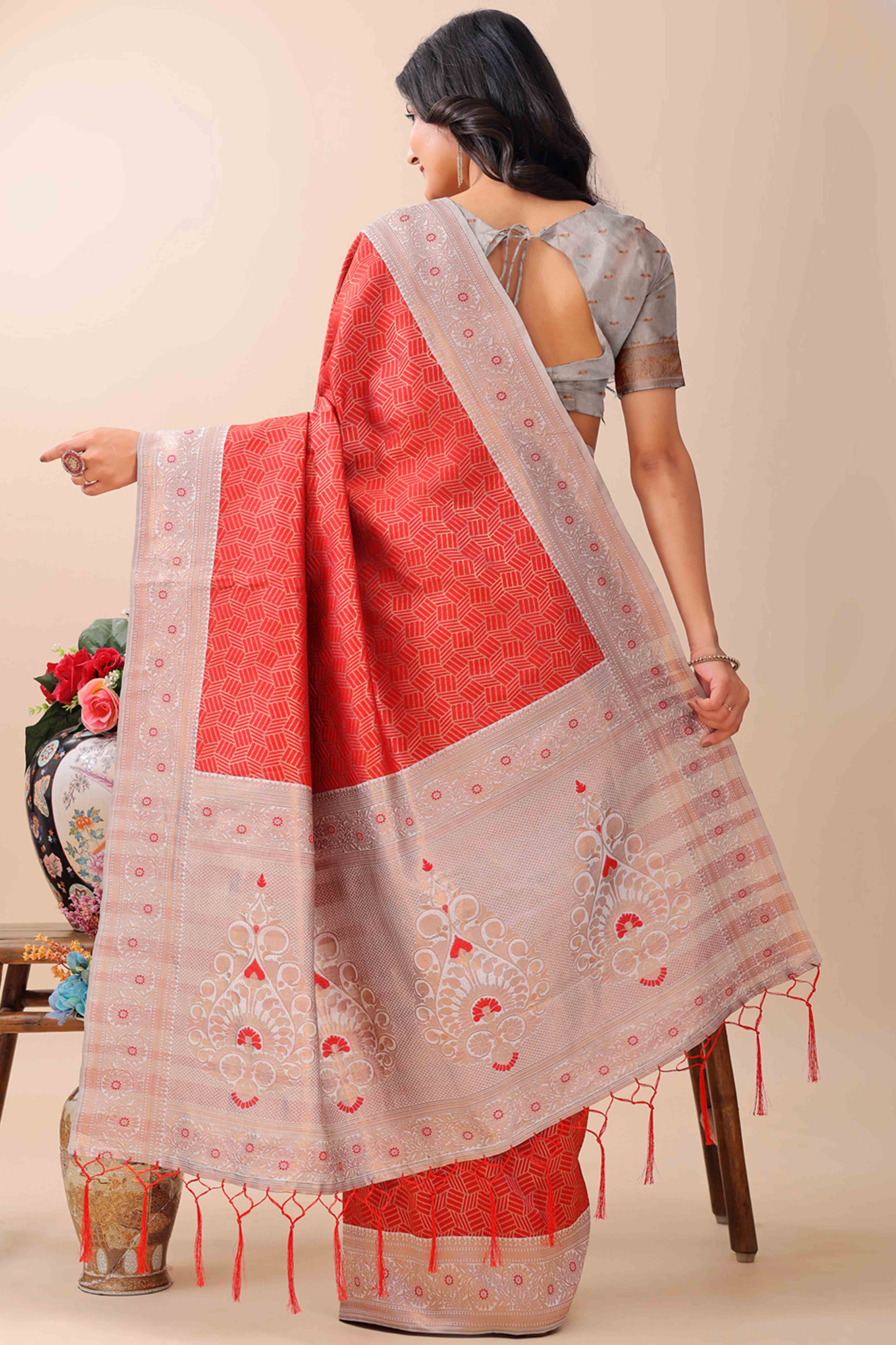 Red Lichi Cotton Silk Saree With Intricate Zari Weaving In Floral & Geometric Patterns