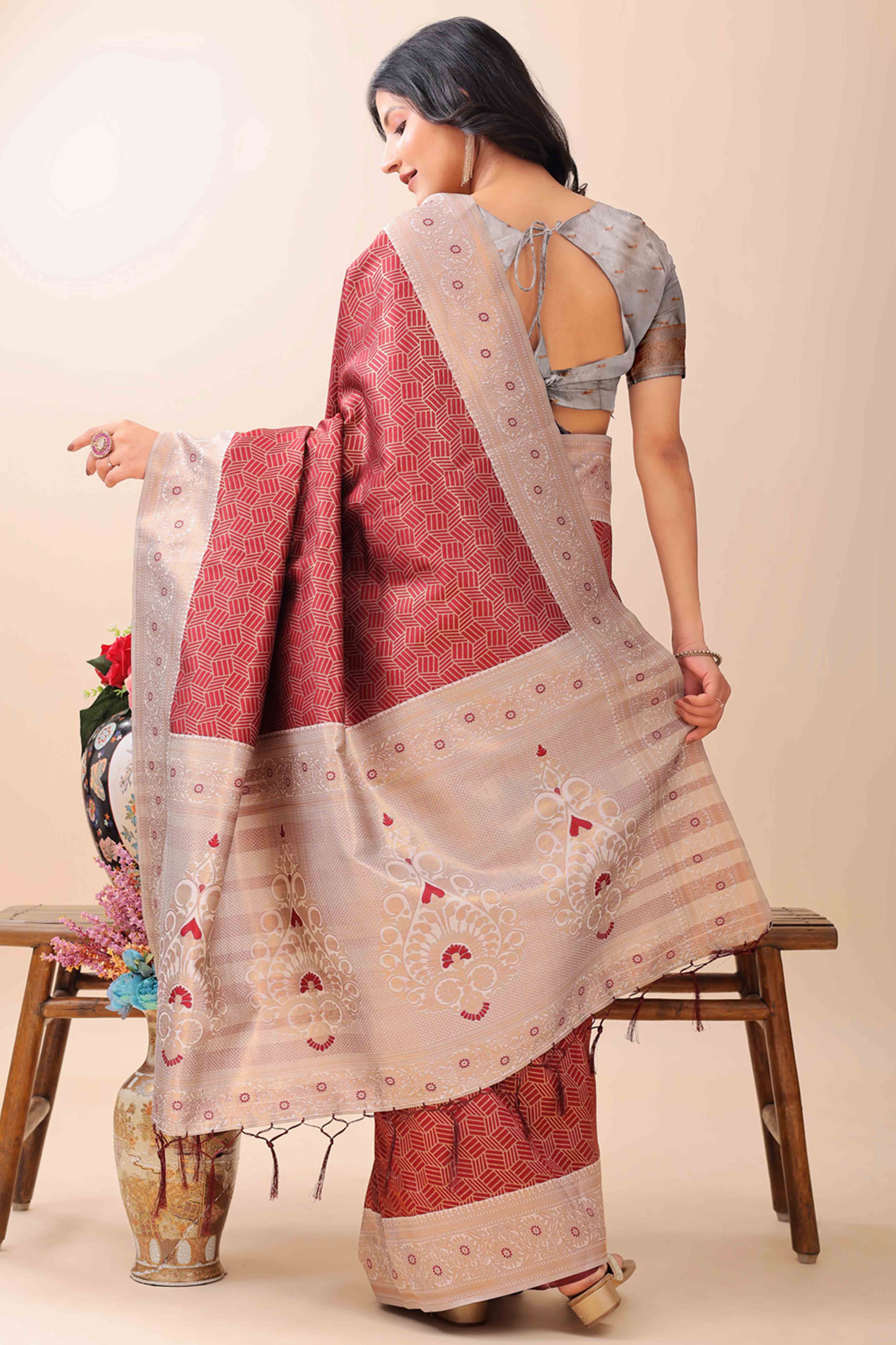 Maroon Lichi Cotton Silk Saree With Intricate Zari Weaving In Floral & Geometric Patterns