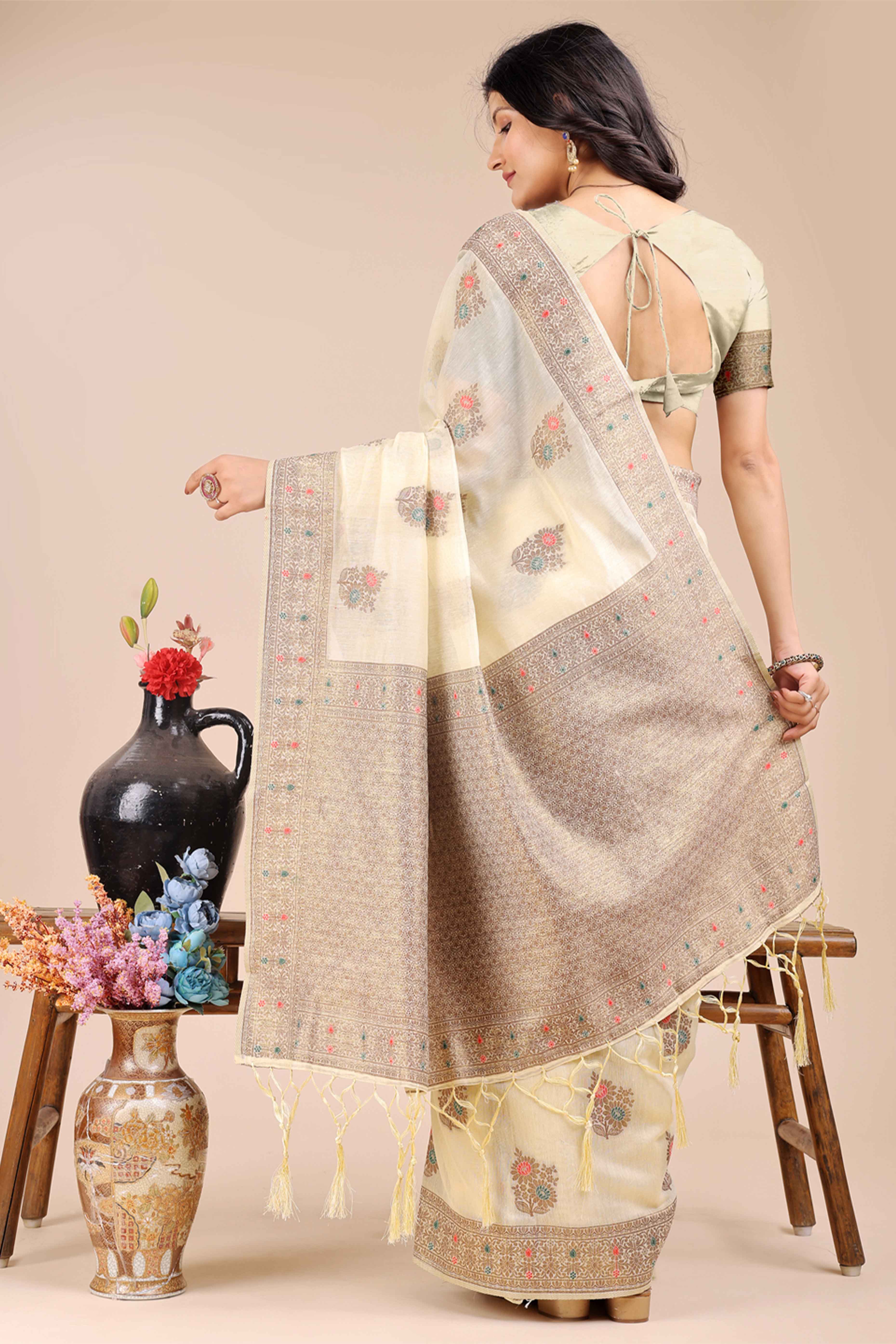 Cream Saree in Cotton Silk with Heritage Inspired Zari Woven Accents